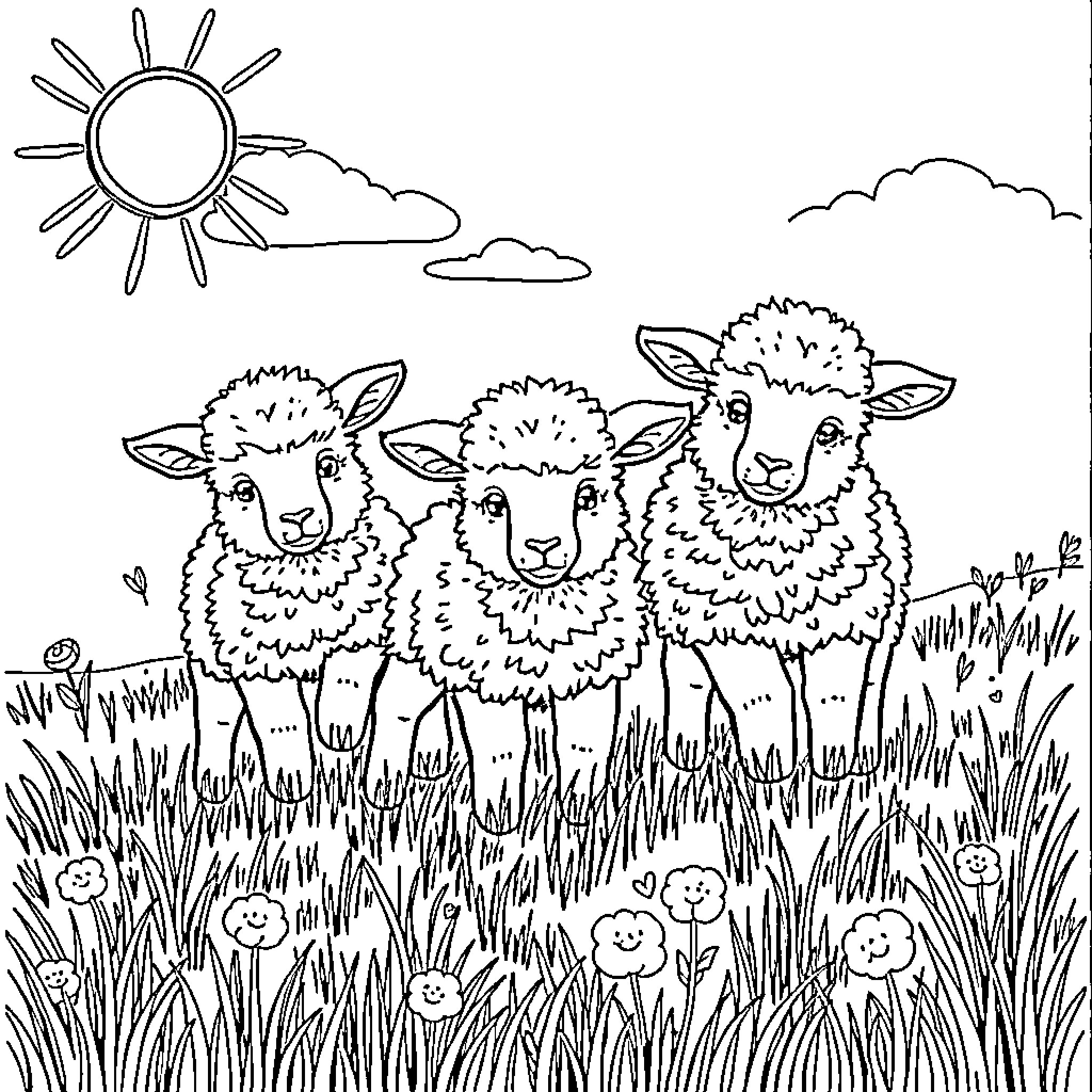 Lamb flock grazing peacefully in a sunny meadow Coloring Page (free black-and-white line drawing printable PDF for all, from beginners to advanced learners, including children, teens, adults, and seniors)