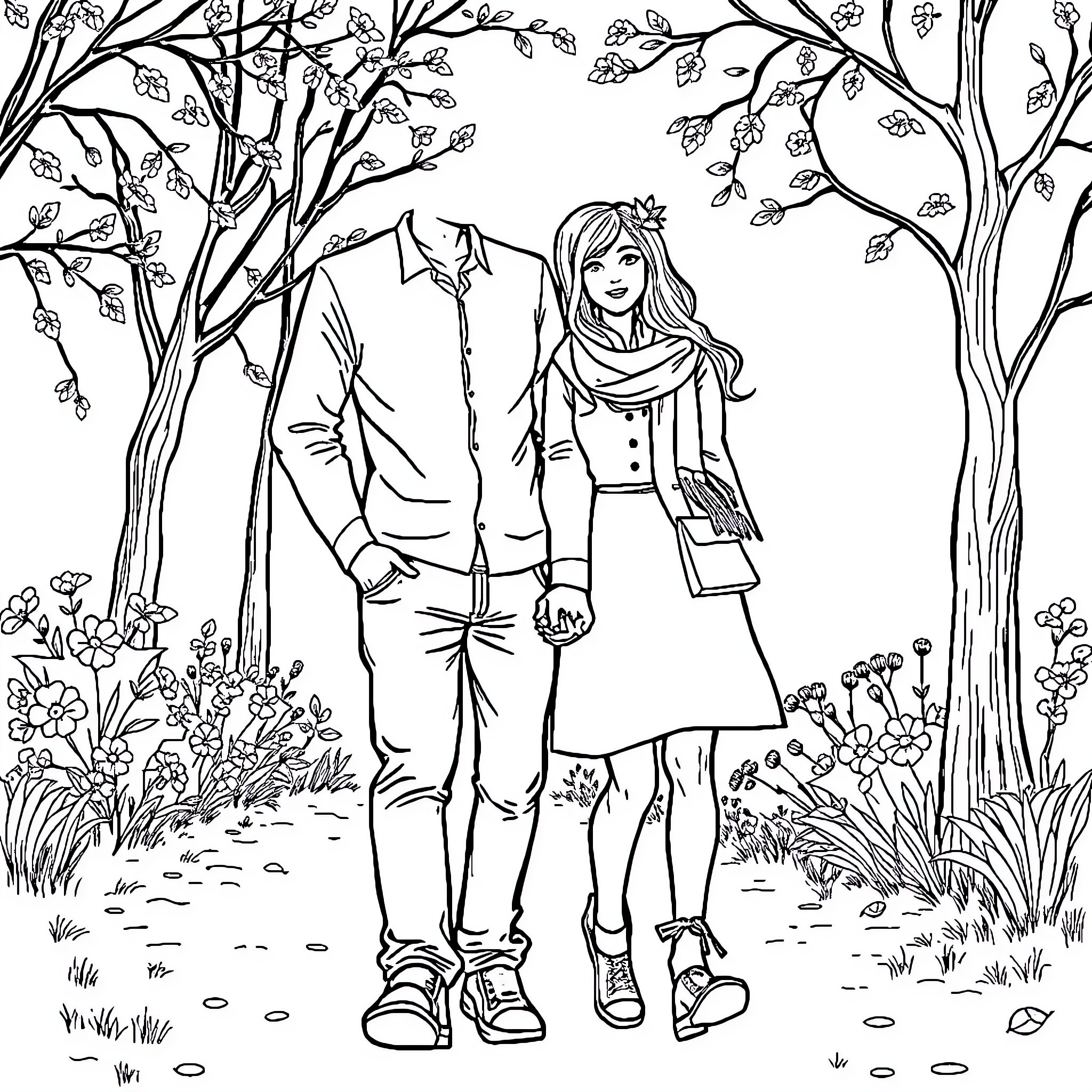 Couple enjoying a romantic stroll through the park Coloring Page (free black-and-white line drawing printable PDF for all, from beginners to advanced learners, including children, teens, adults, and seniors)