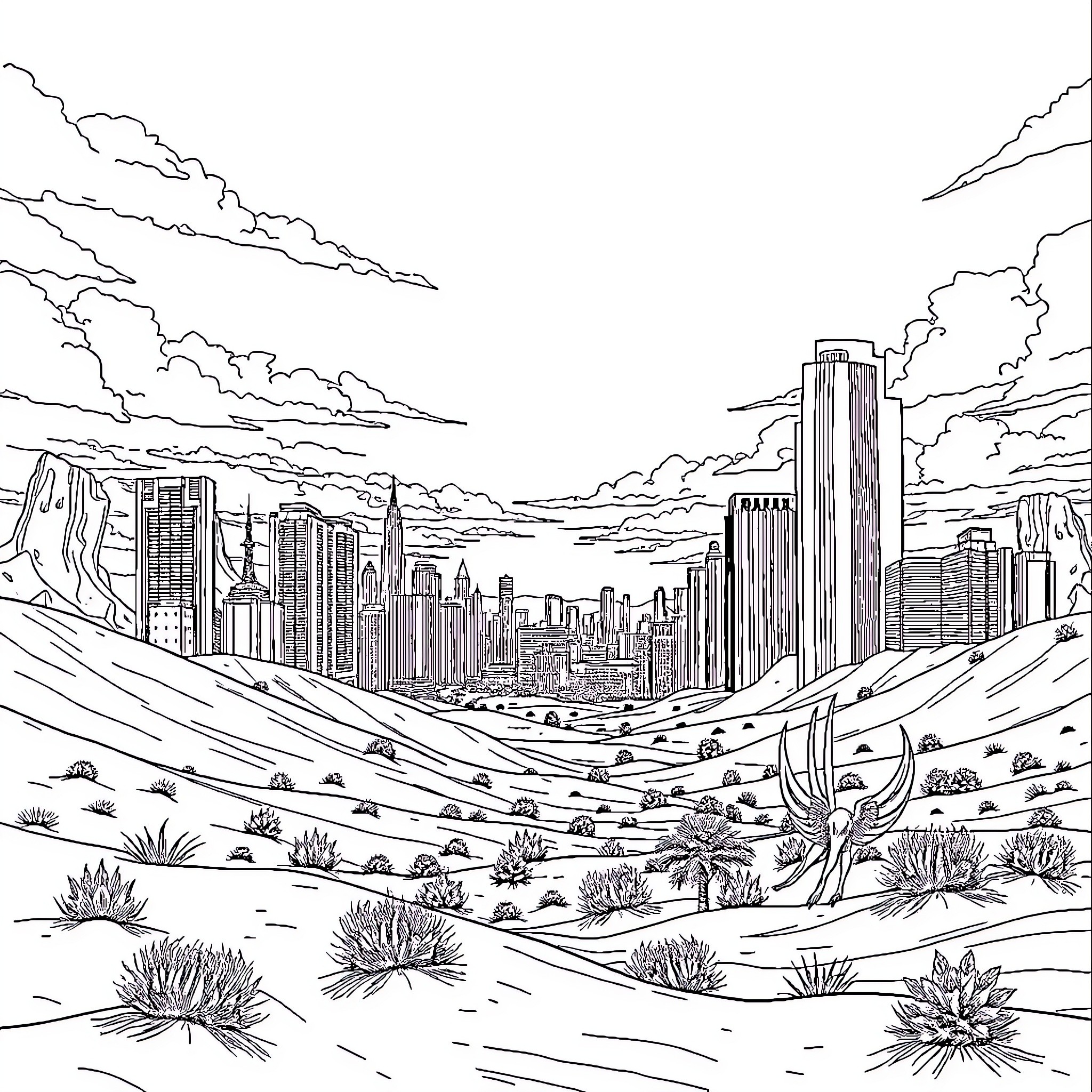 Phoenix cityscape with desert landscape Coloring Page (free black-and-white line drawing printable PDF for all, from beginners to advanced learners, including children, teens, adults, and seniors)