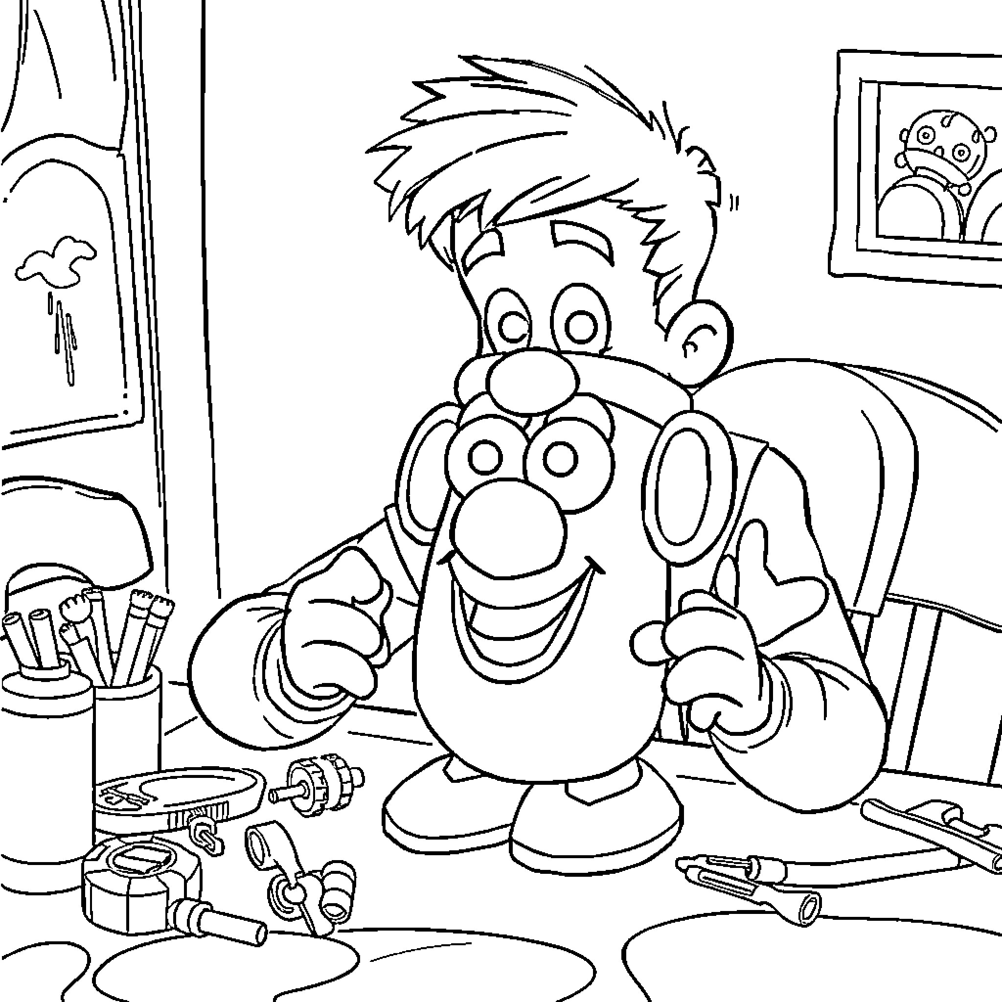Mr. Potato Head repairing toys in his workshop Coloring Page (free black-and-white line drawing printable PDF for all, from beginners to advanced learners, including children, teens, adults, and seniors)