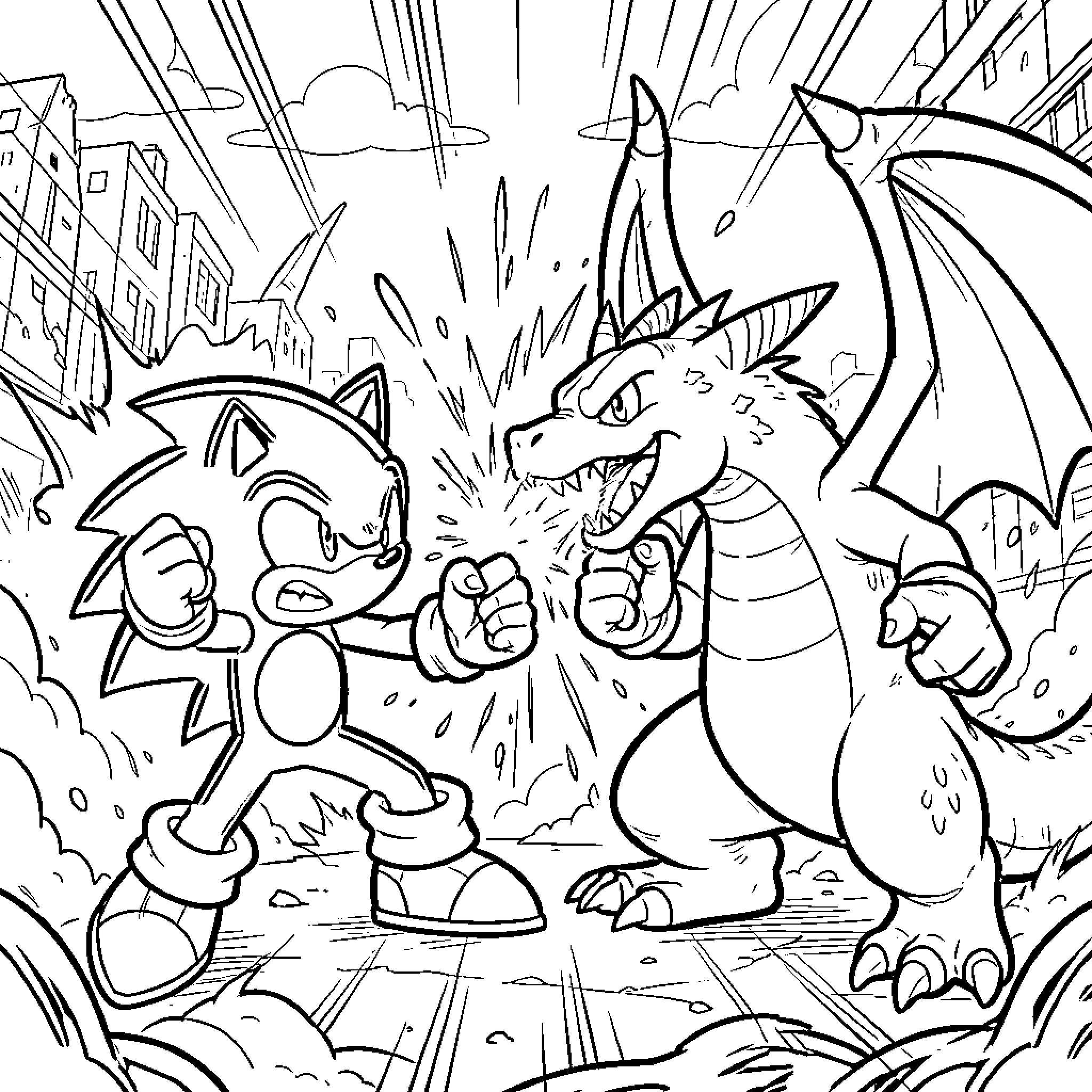 Sonic facing off against a fierce dragon Coloring Page (free black-and-white line drawing printable PDF for all, from beginners to advanced learners, including children, teens, adults, and seniors)