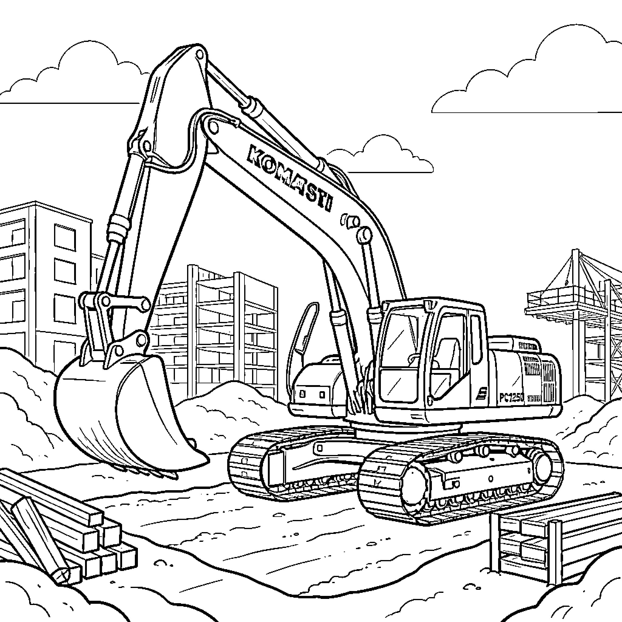 Komatsu PC1250 Excavator in Construction Site Coloring Page (free black-and-white line drawing printable PDF for all, from beginners to advanced learners, including children, teens, adults, and seniors)