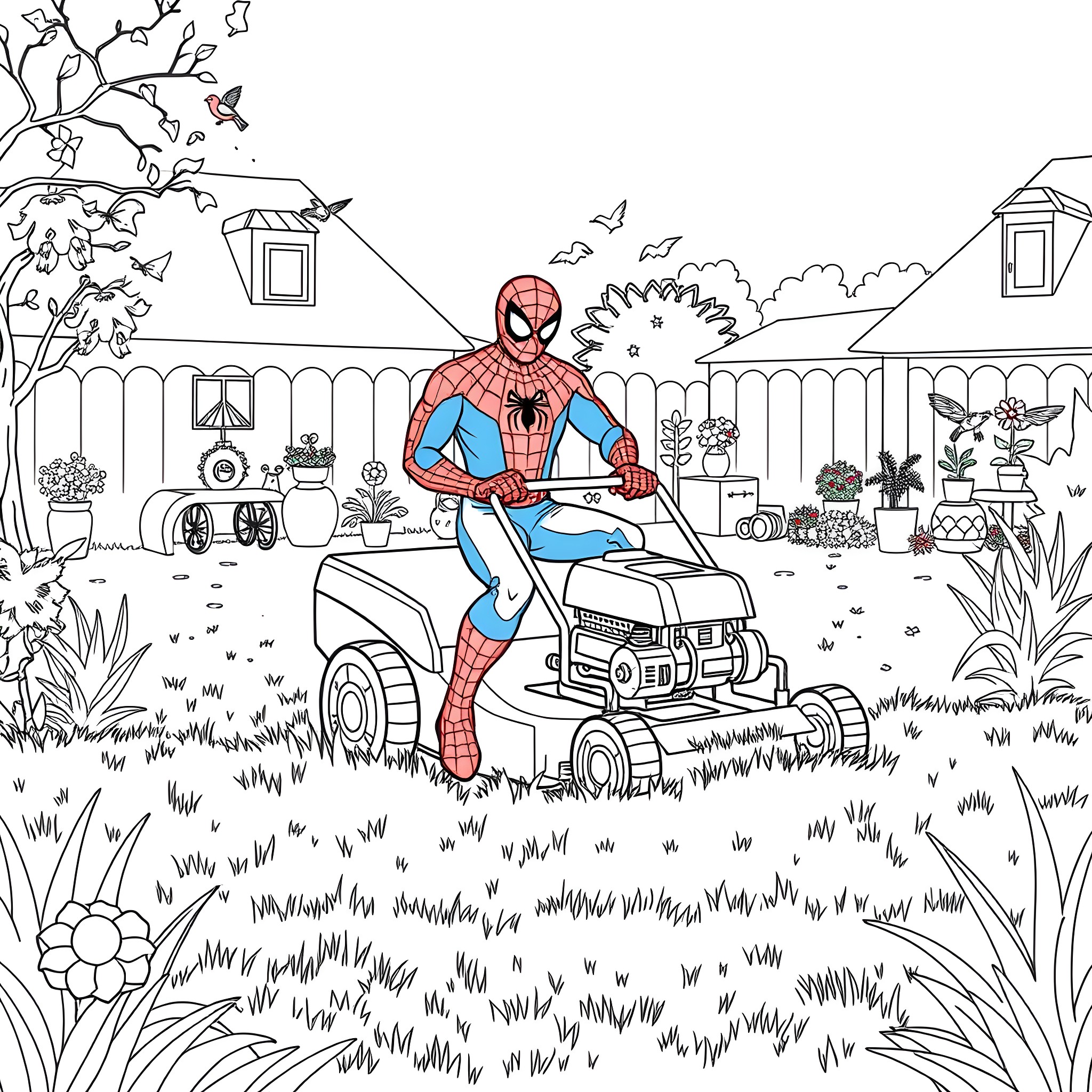 Spider-Man mowing the lawn in a neighborhood Coloring Page (free black-and-white line drawing printable PDF for all, from beginners to advanced learners, including children, teens, adults, and seniors)