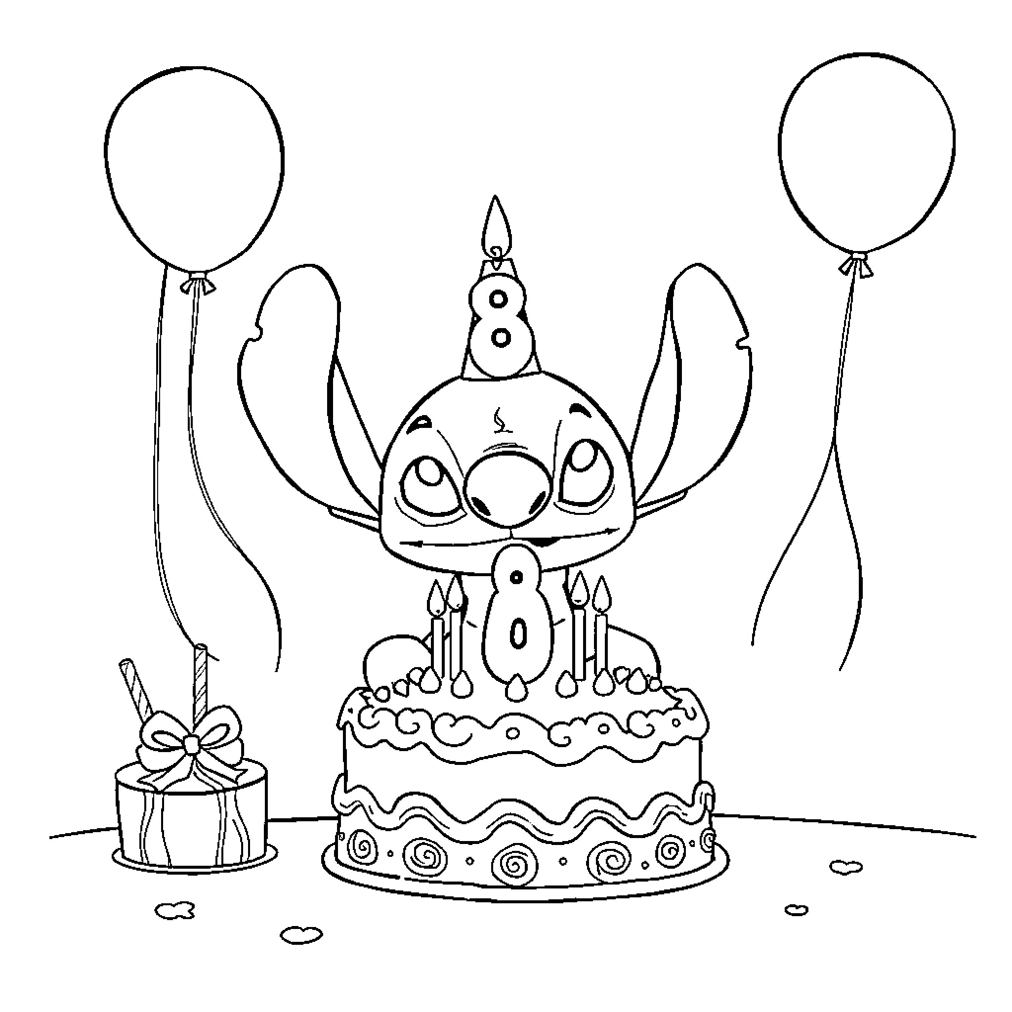 Stitch celebrating birthday with cake and balloons Coloring Page (free black-and-white line drawing printable PDF for all, from beginners to advanced learners, including children, teens, adults, and seniors)