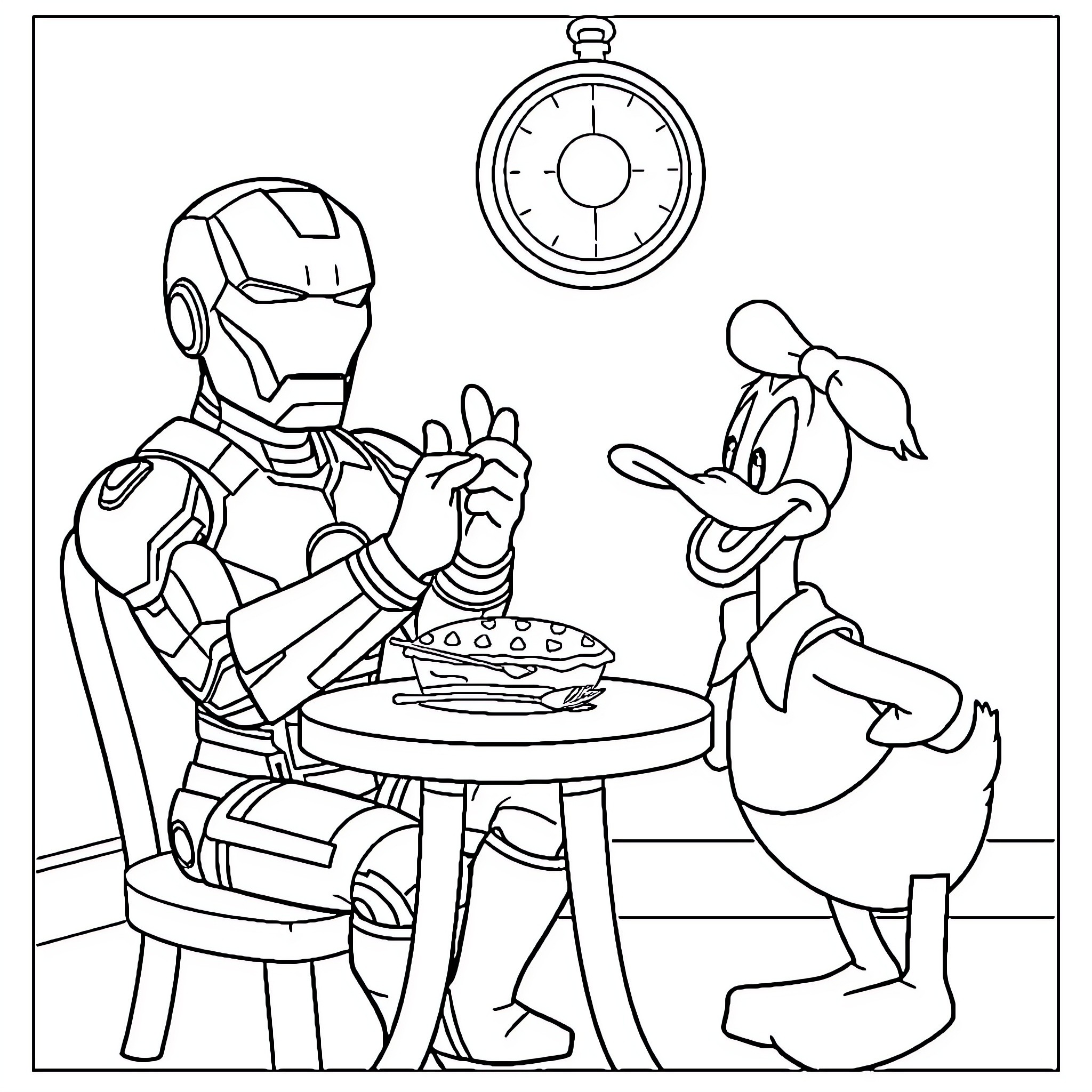 Ironman and Donald Duck have a casual meeting Coloring Page (free black-and-white line drawing printable PDF for all, from beginners to advanced learners, including children, teens, adults, and seniors)