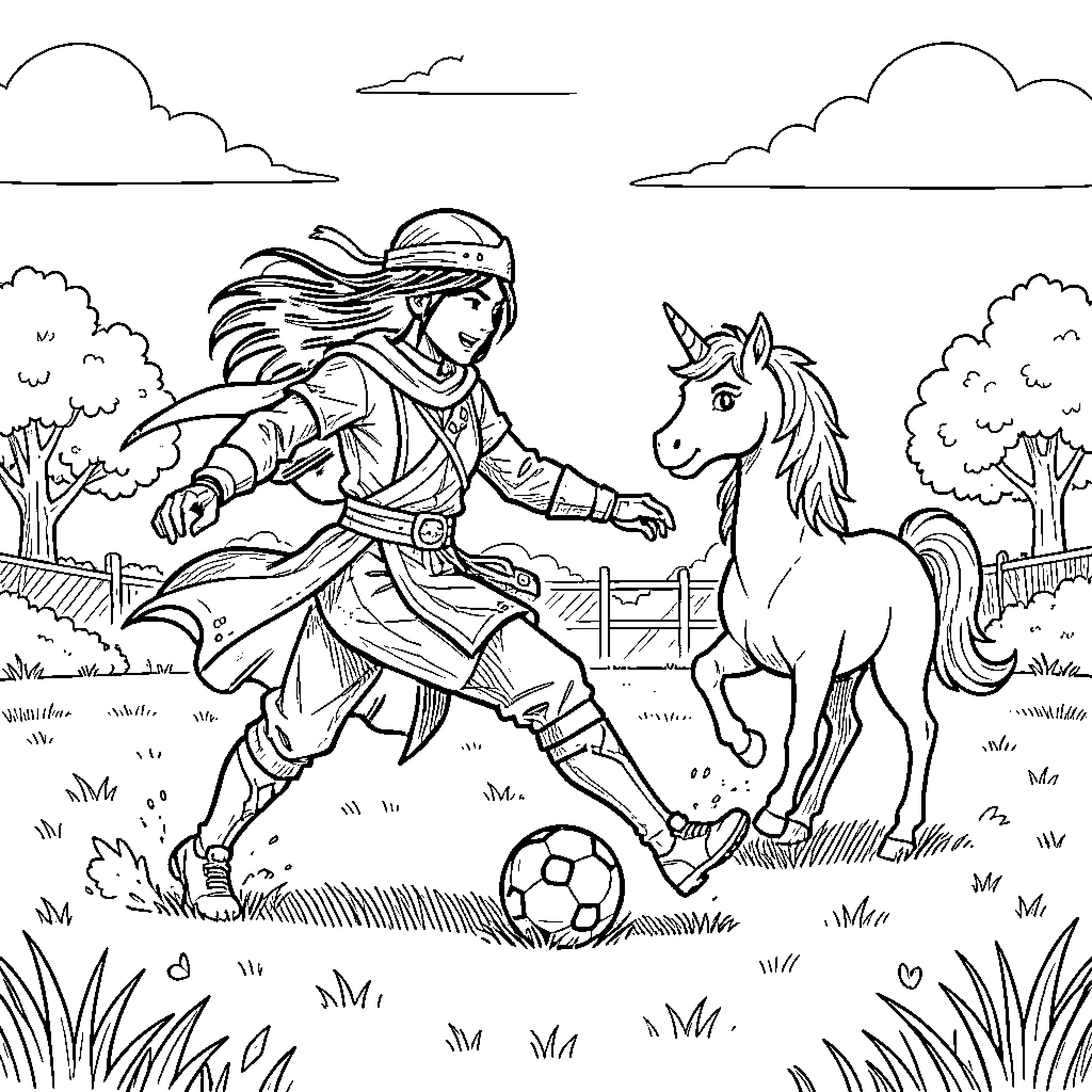 Rumi playing soccer with a unicorn in a field Coloring Page (free black-and-white line drawing printable PDF for all, from beginners to advanced learners, including children, teens, adults, and seniors)
