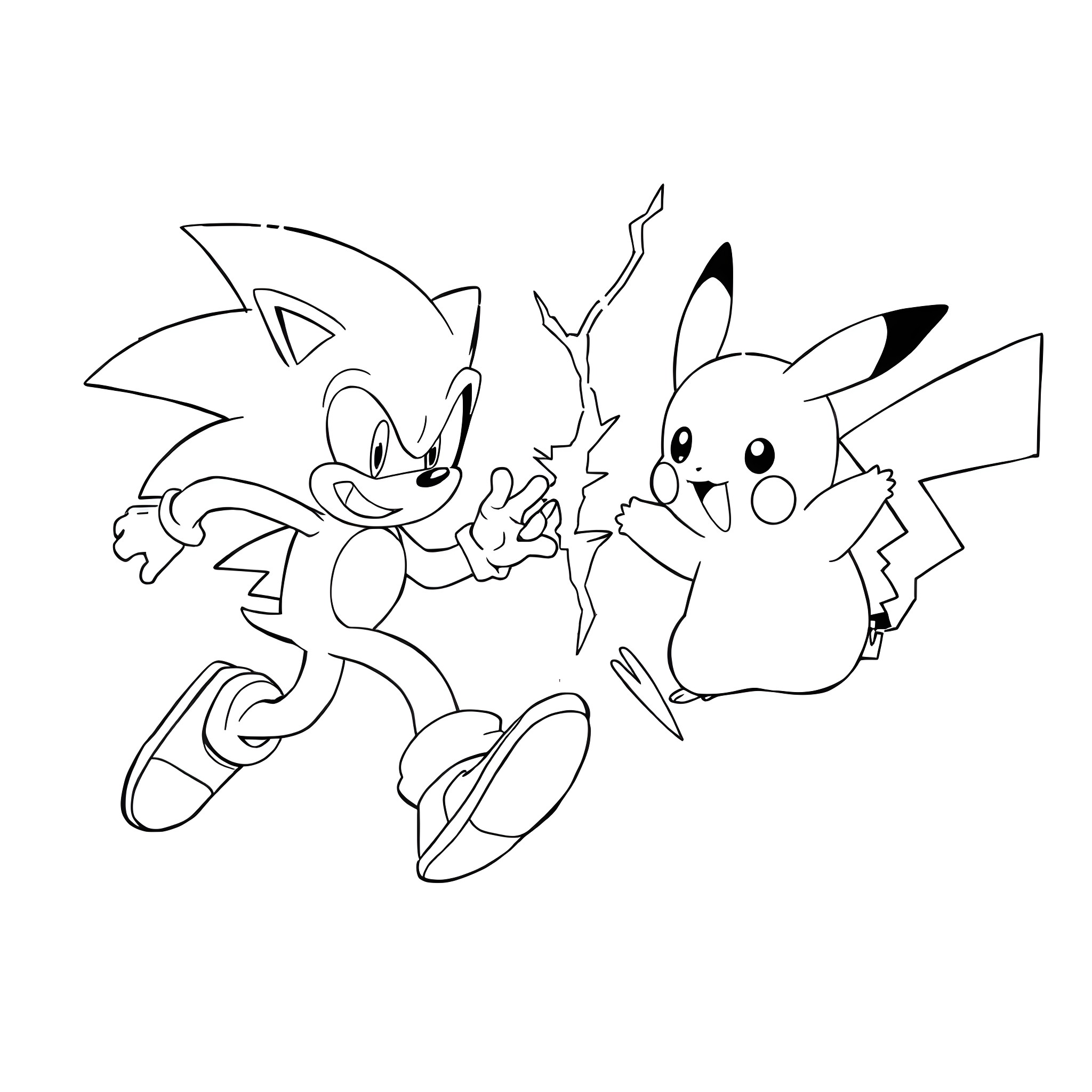 Sonic and Pikachu's Playful Encounter Coloring Page (free black-and-white line drawing printable PDF for all, from beginners to advanced learners, including children, teens, adults, and seniors)