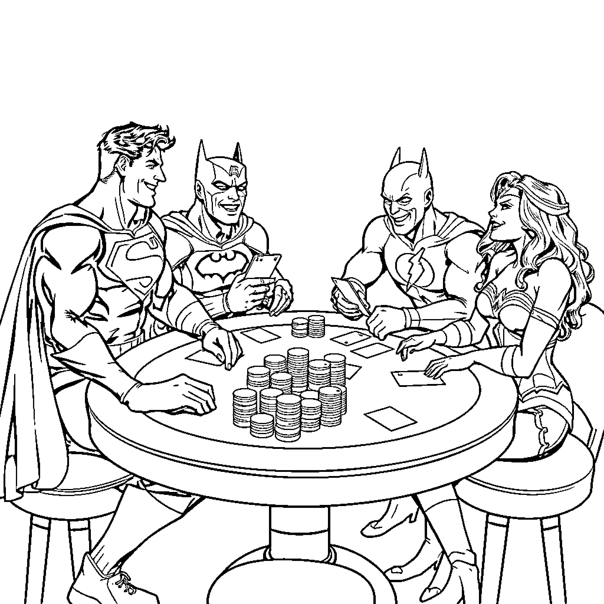 Superheroes Engaged in a Friendly Card Game Coloring Page (free black-and-white line drawing printable PDF for all, from beginners to advanced learners, including children, teens, adults, and seniors)