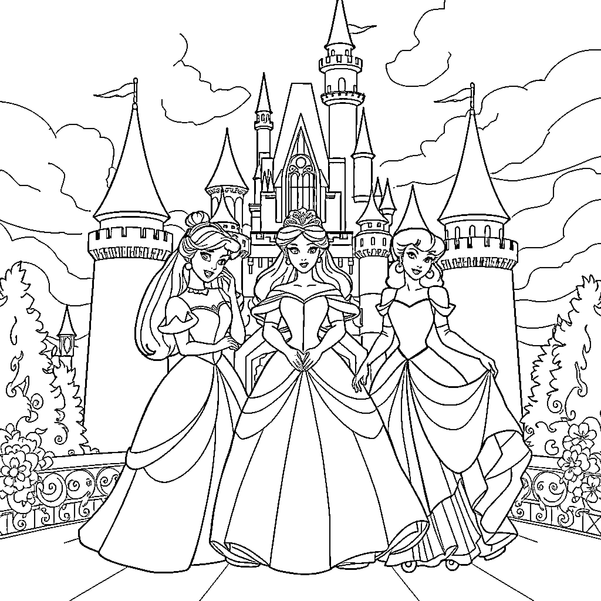 Disney Princess Enchanted Castle Gathering Coloring Page (free black-and-white line drawing printable PDF for all, from beginners to advanced learners, including children, teens, adults, and seniors)