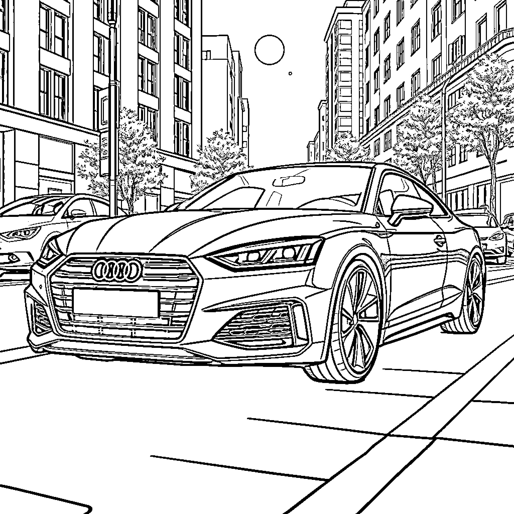 Audi sports car on the city street Coloring Page (free black-and-white line drawing printable PDF for all, from beginners to advanced learners, including children, teens, adults, and seniors)