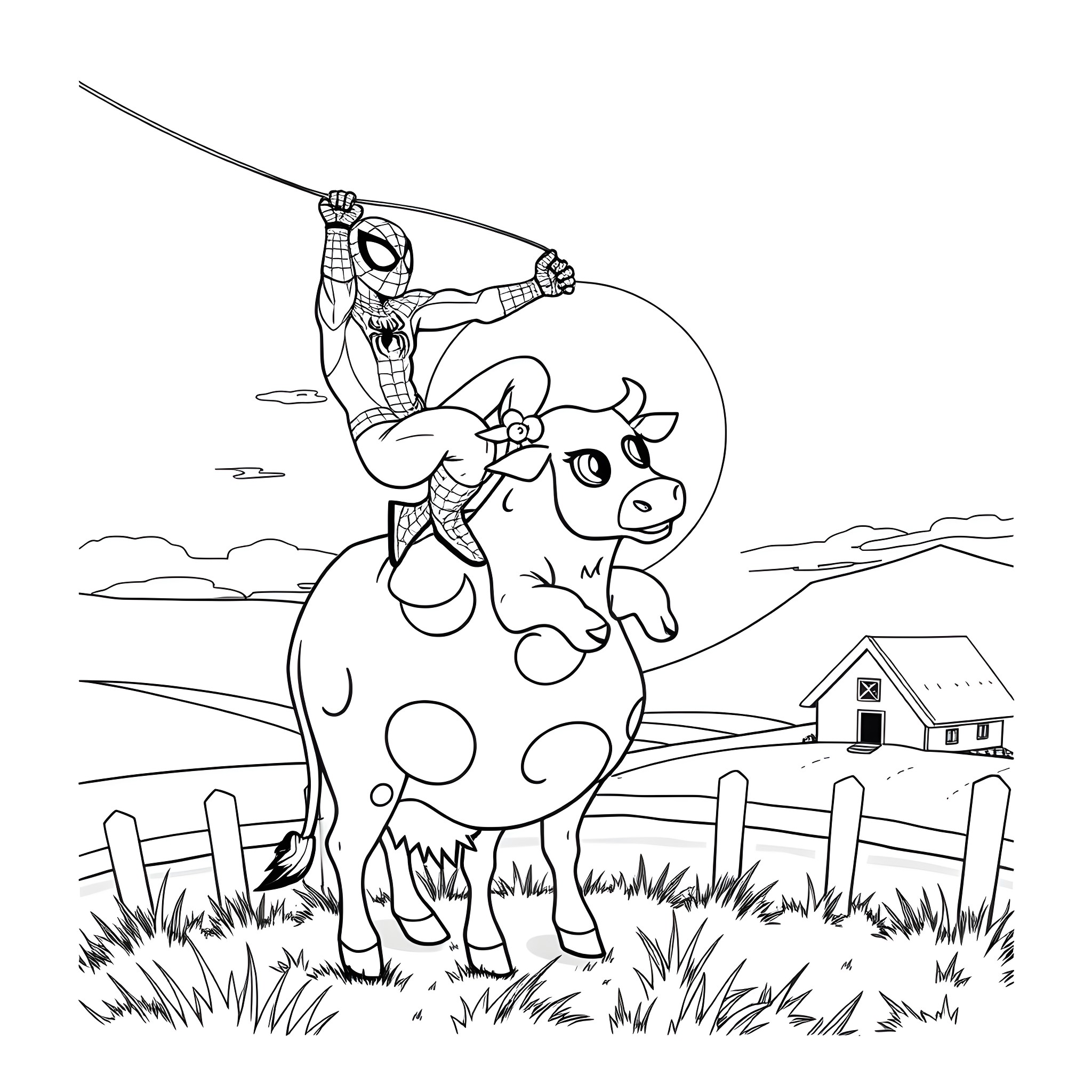 Spiderman swinging on a cow in a rural landscape Coloring Page (free black-and-white line drawing printable PDF for all, from beginners to advanced learners, including children, teens, adults, and seniors)