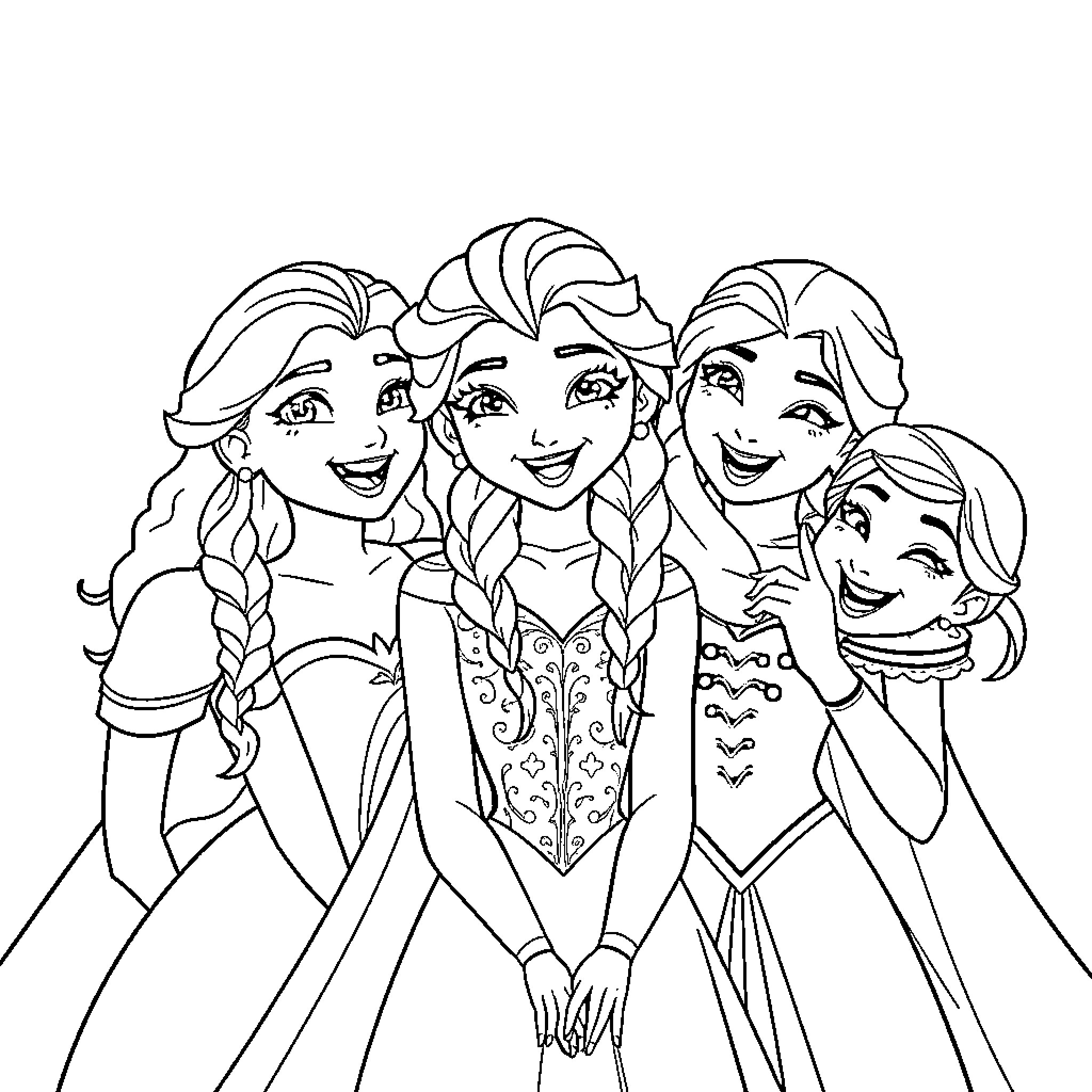 Princess sisters posing together in elegant dresses Coloring Page (free black-and-white line drawing printable PDF for all, from beginners to advanced learners, including children, teens, adults, and seniors)