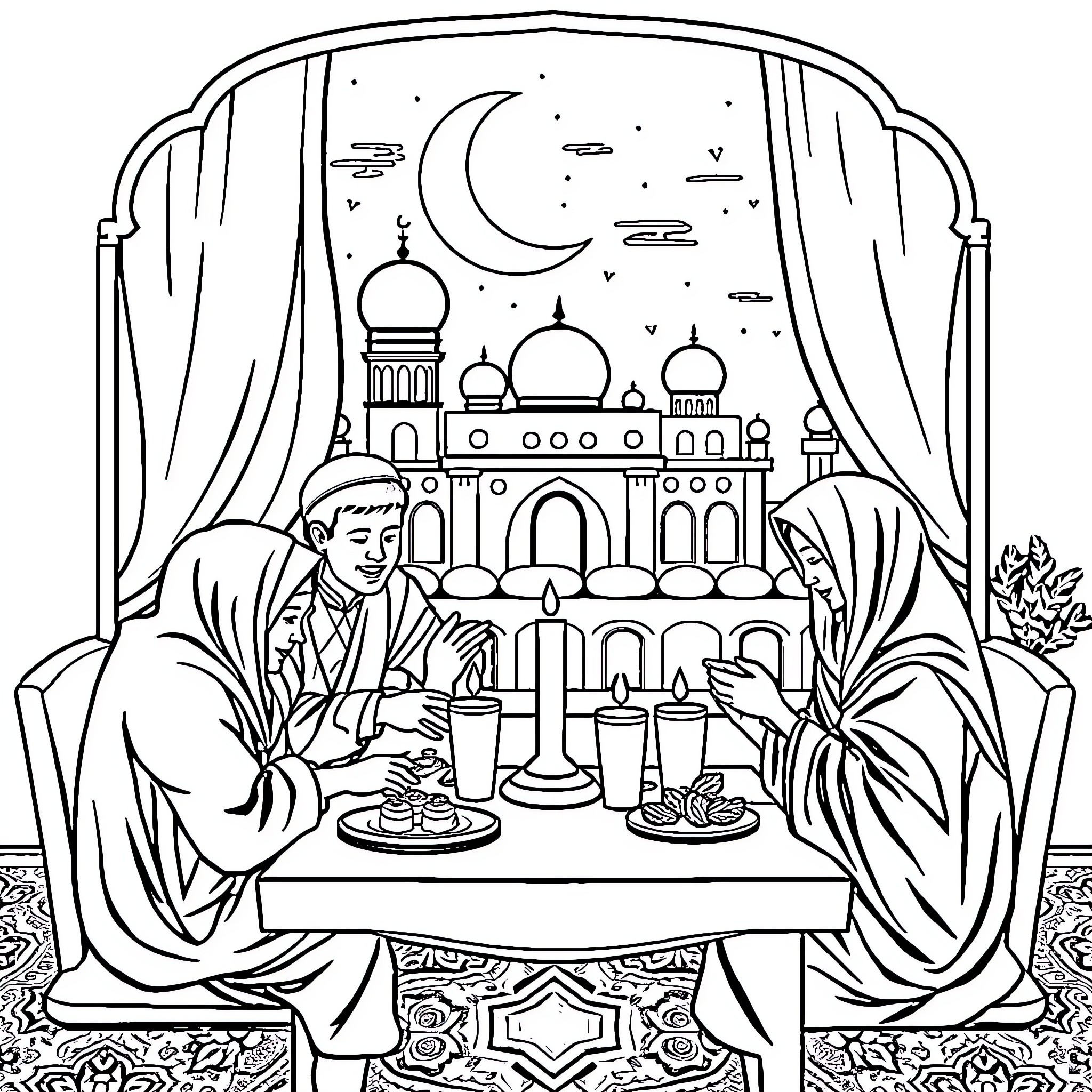 Ramadan celebration with traditional decorations and family gathering Coloring Page (free black-and-white line drawing printable PDF for all, from beginners to advanced learners, including children, teens, adults, and seniors)