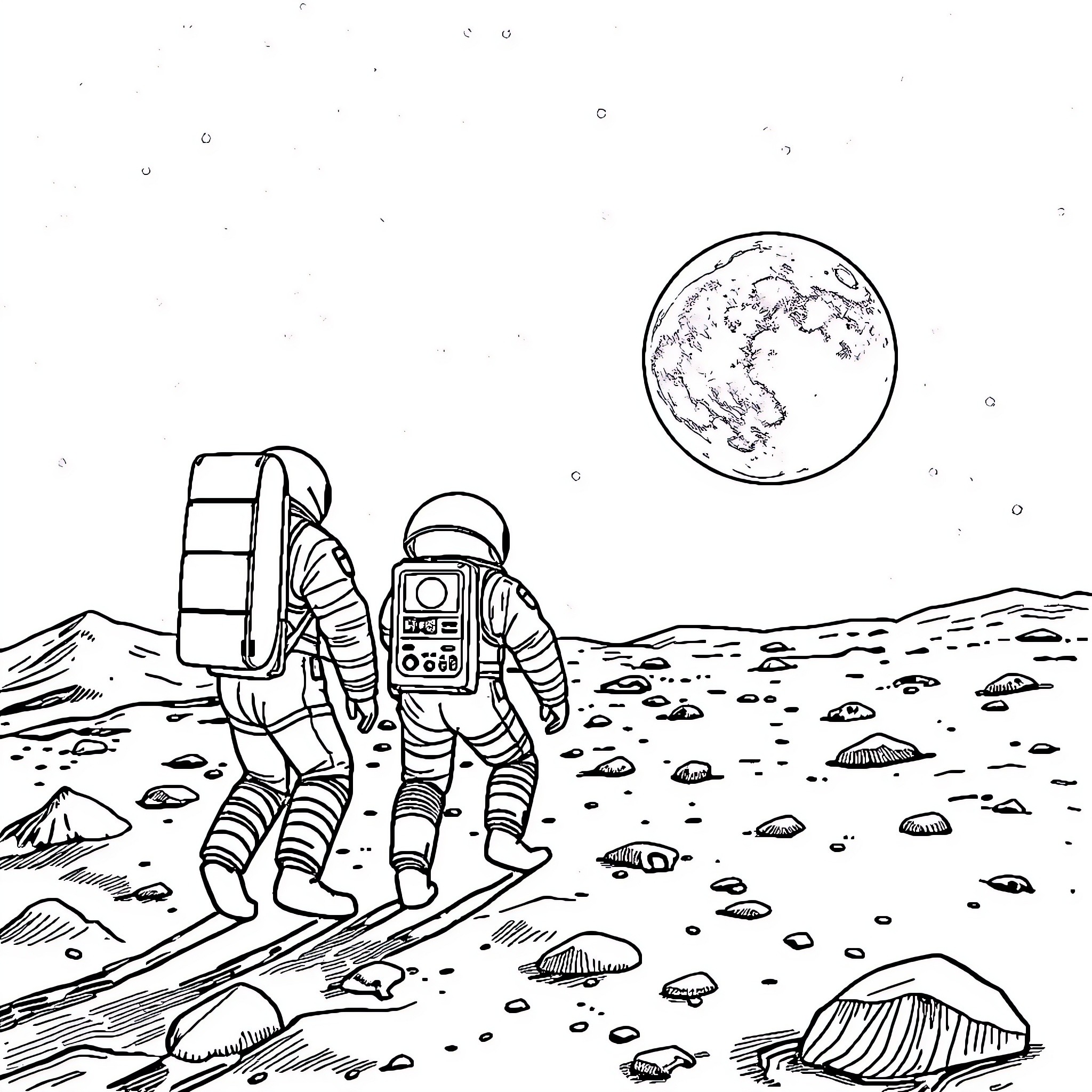 Moon exploration by astronauts on a rocky terrain Coloring Page (free black-and-white line drawing printable PDF for all, from beginners to advanced learners, including children, teens, adults, and seniors)