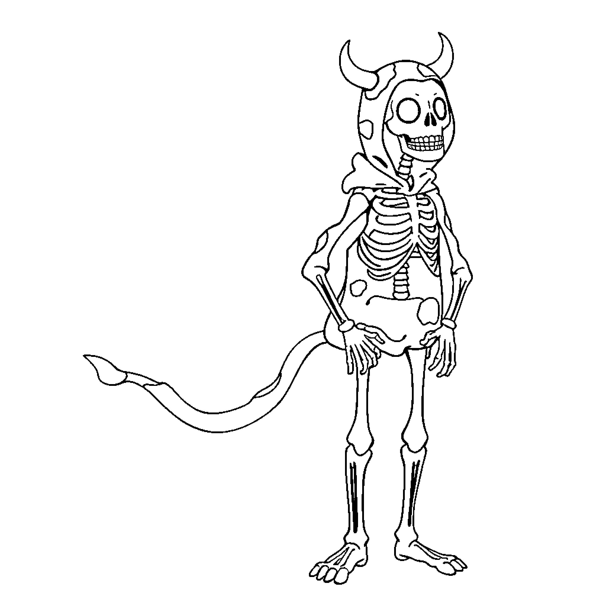 Skeleton demon with horns and tail Coloring Page (free black-and-white line drawing printable PDF for all, from beginners to advanced learners, including children, teens, adults, and seniors)