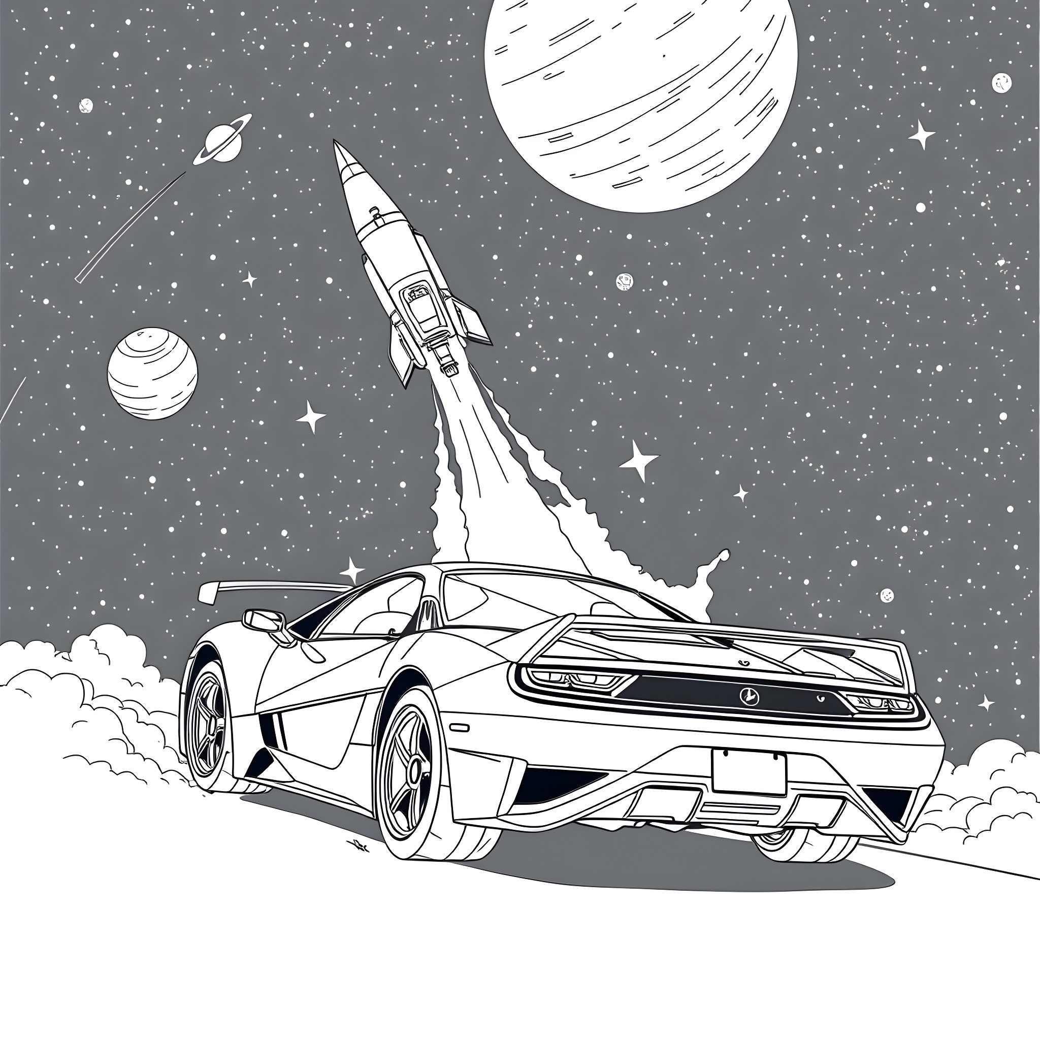 Nsx supercar racing through the cosmos Coloring Page (free black-and-white line drawing printable PDF for all, from beginners to advanced learners, including children, teens, adults, and seniors)
