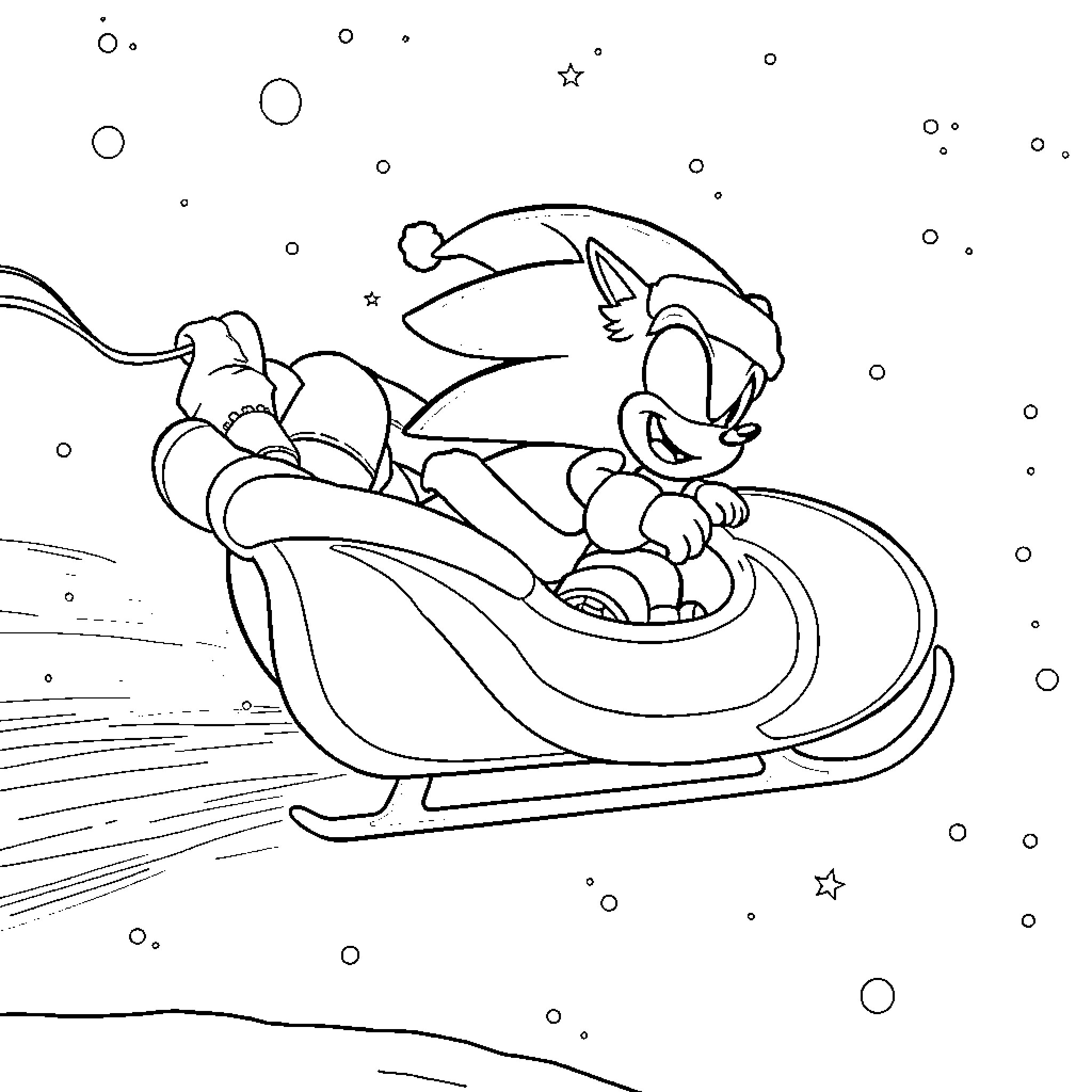 Sonic's Winter Sleigh Ride Adventure Coloring Page (free black-and-white line drawing printable PDF for all, from beginners to advanced learners, including children, teens, adults, and seniors)