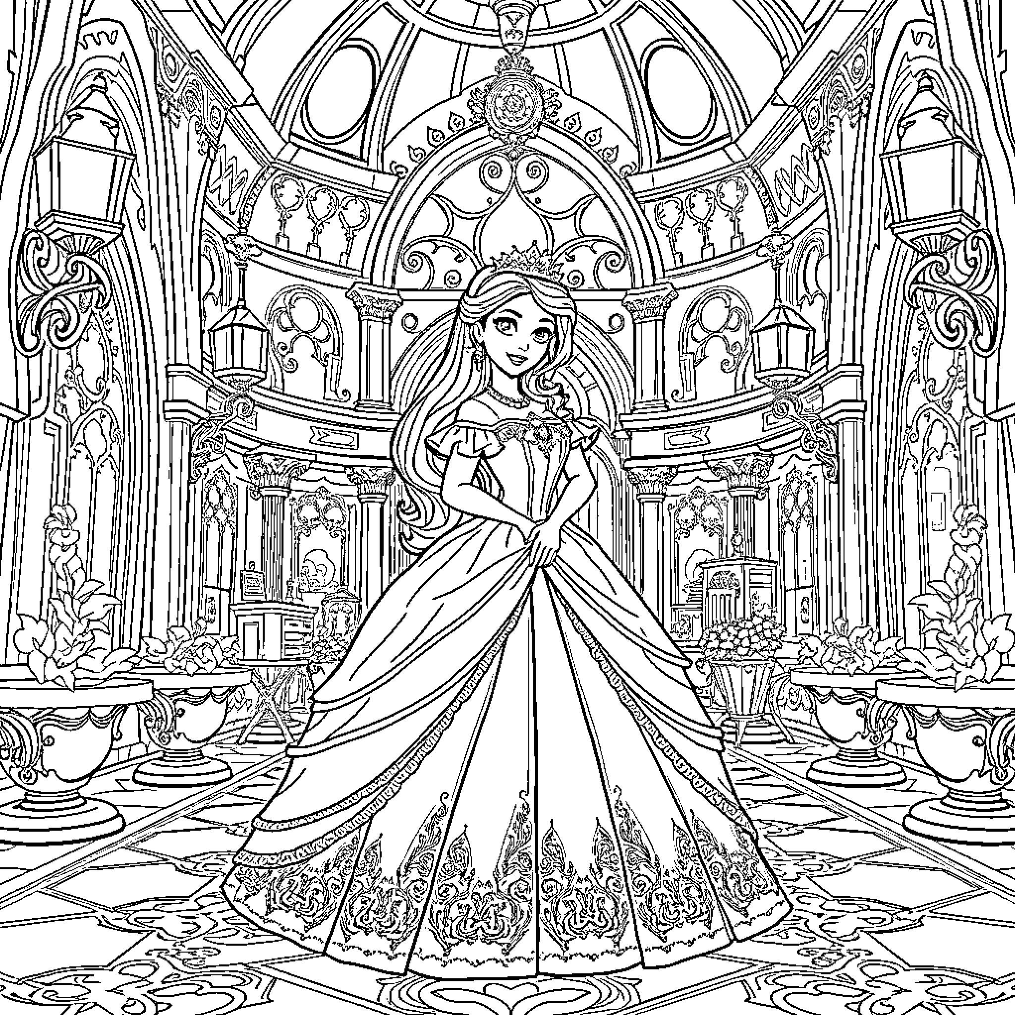 Princess Elena in an ornate royal hall Coloring Page (free black-and-white line drawing printable PDF for all, from beginners to advanced learners, including children, teens, adults, and seniors)