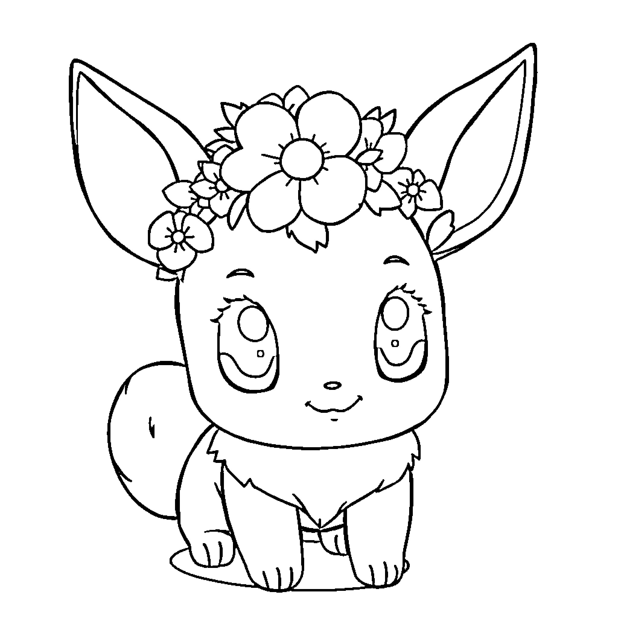 Eevee with Flowers on Head Coloring Page (free black-and-white line drawing printable PDF for all, from beginners to advanced learners, including children, teens, adults, and seniors)