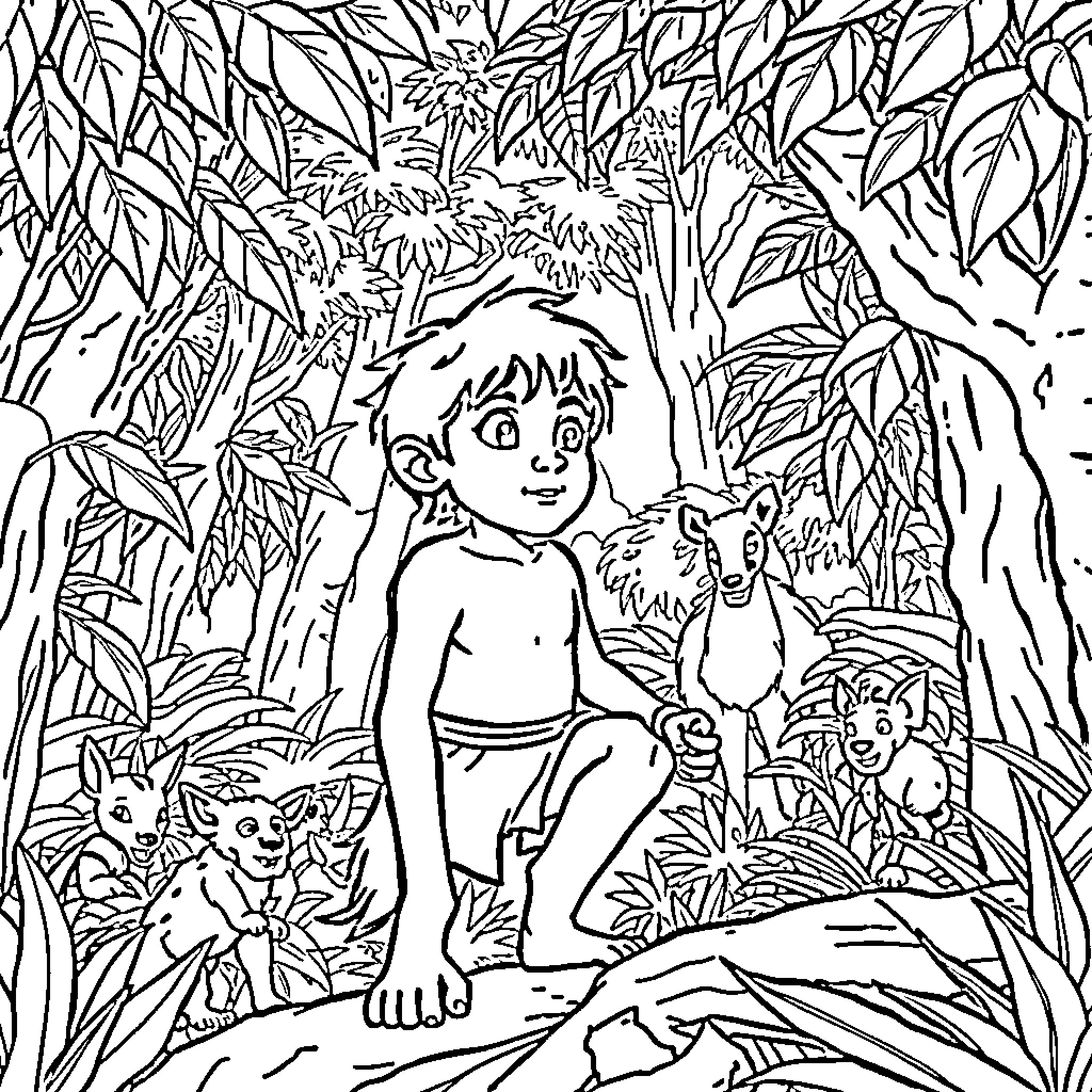 Mowgli exploring the lush jungle with animal friends Coloring Page (free black-and-white line drawing printable PDF for all, from beginners to advanced learners, including children, teens, adults, and seniors)