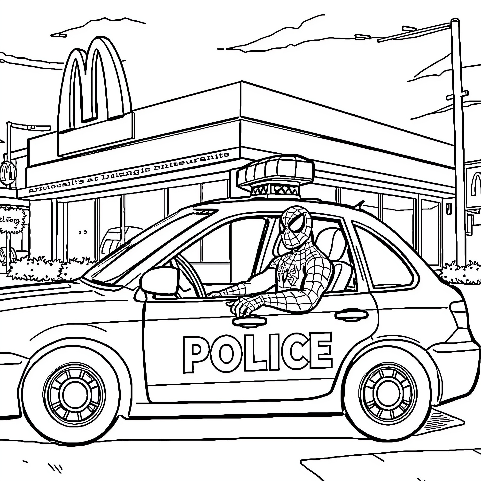 Spiderman patrols the streets in a police car Coloring Page (free black-and-white line drawing printable PDF for all, from beginners to advanced learners, including children, teens, adults, and seniors)