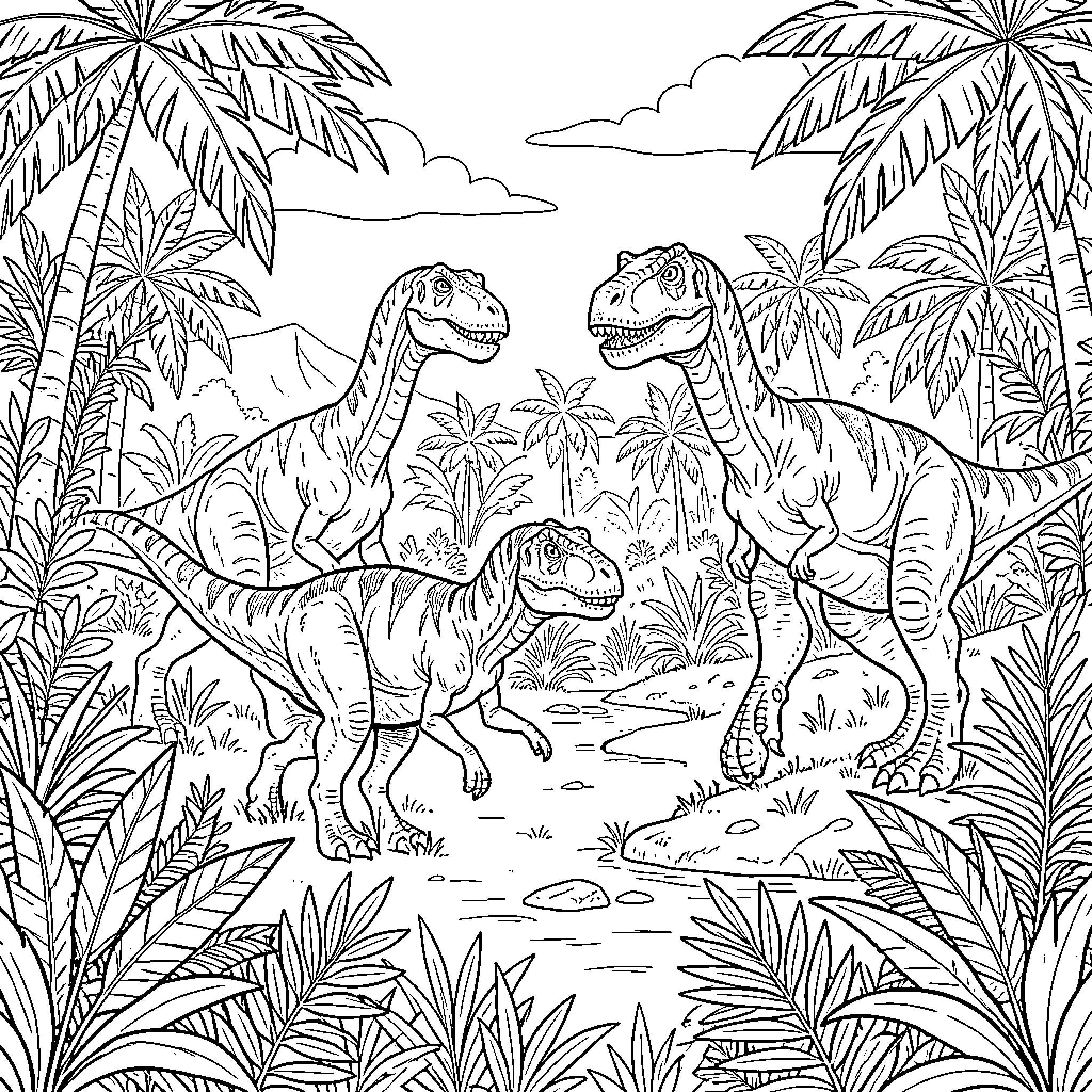 Prehistoric dinosaurs interacting in a lush tropical jungle Coloring Page (free black-and-white line drawing printable PDF for all, from beginners to advanced learners, including children, teens, adults, and seniors)