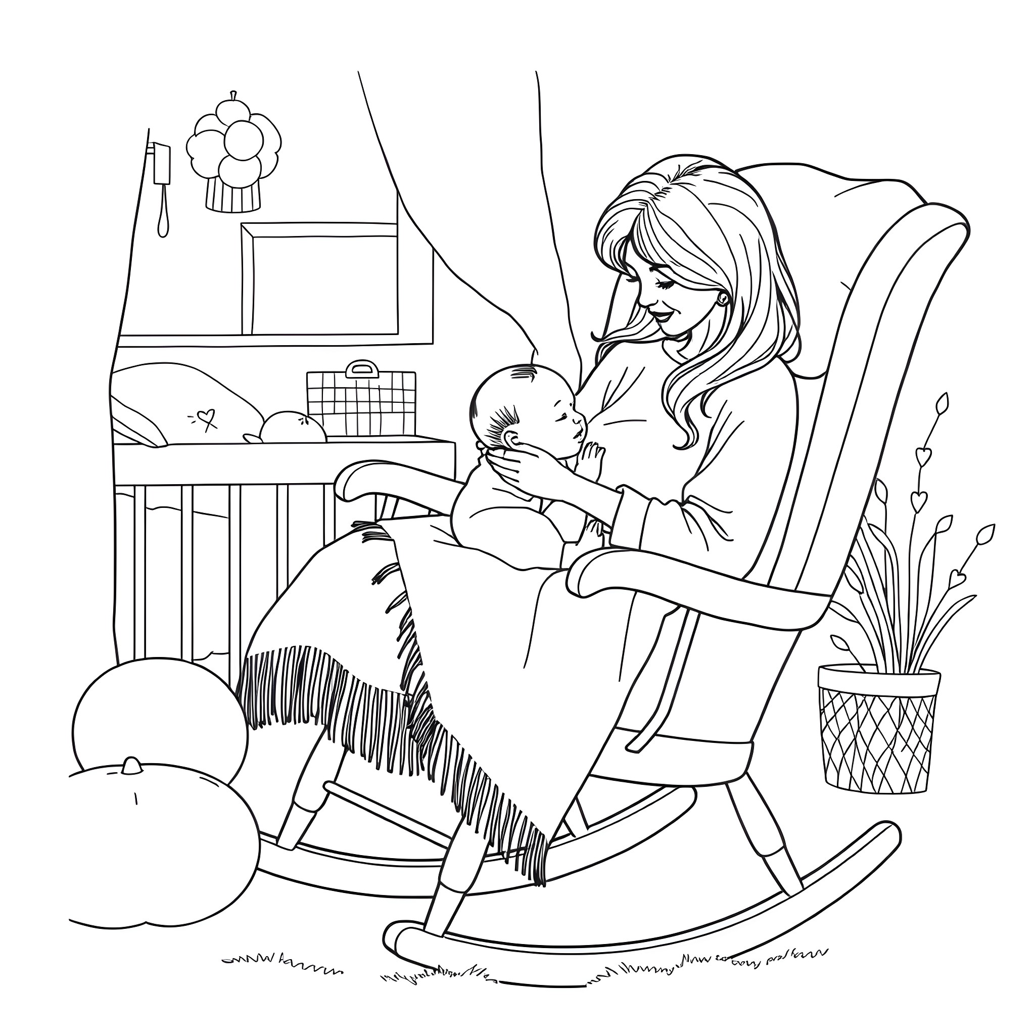 Mom rocking her baby gently in the nursery Coloring Page (free black-and-white line drawing printable PDF for all, from beginners to advanced learners, including children, teens, adults, and seniors)
