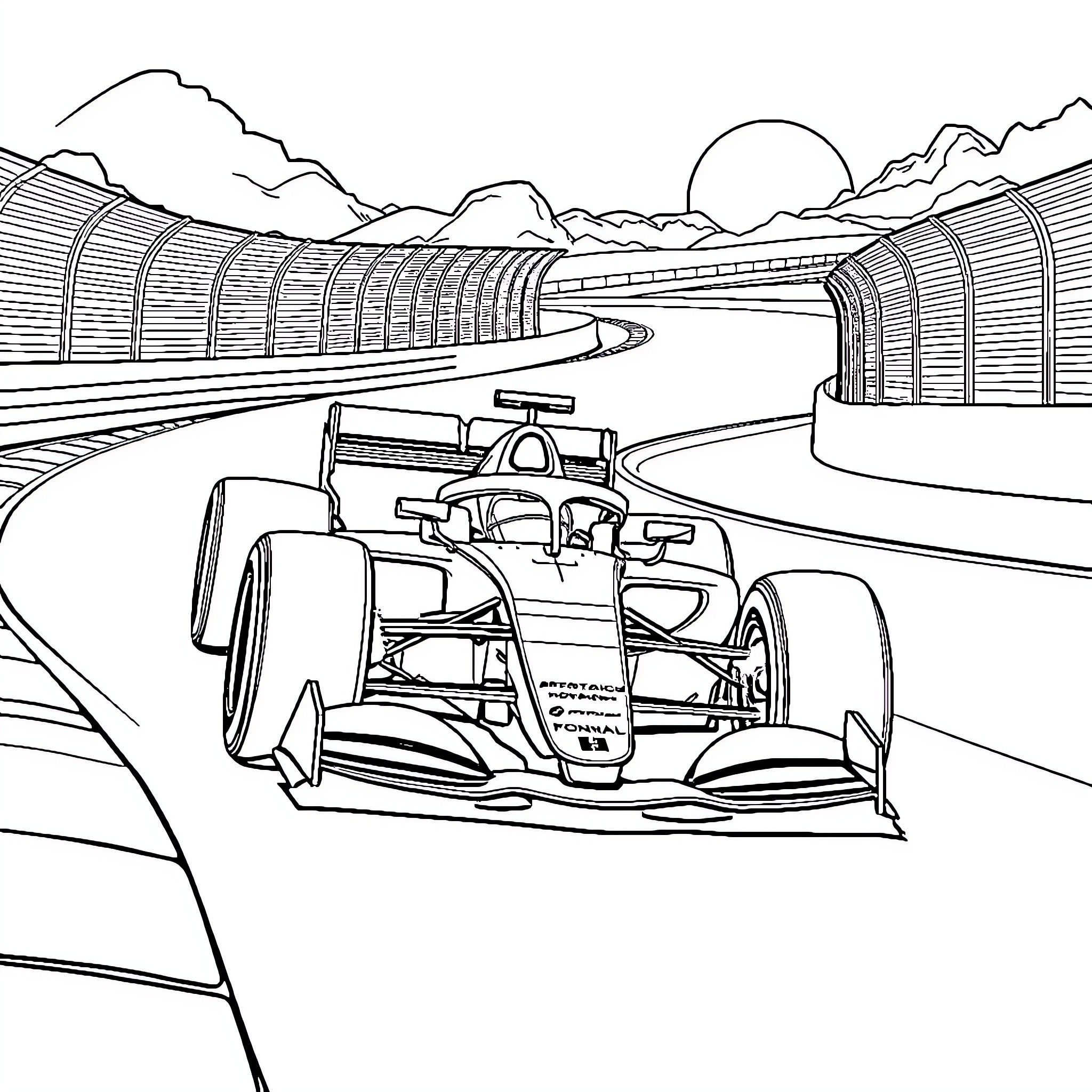 Formula 1 Car racing on circuit track Coloring Page (free black-and-white line drawing printable PDF for all, from beginners to advanced learners, including children, teens, adults, and seniors)