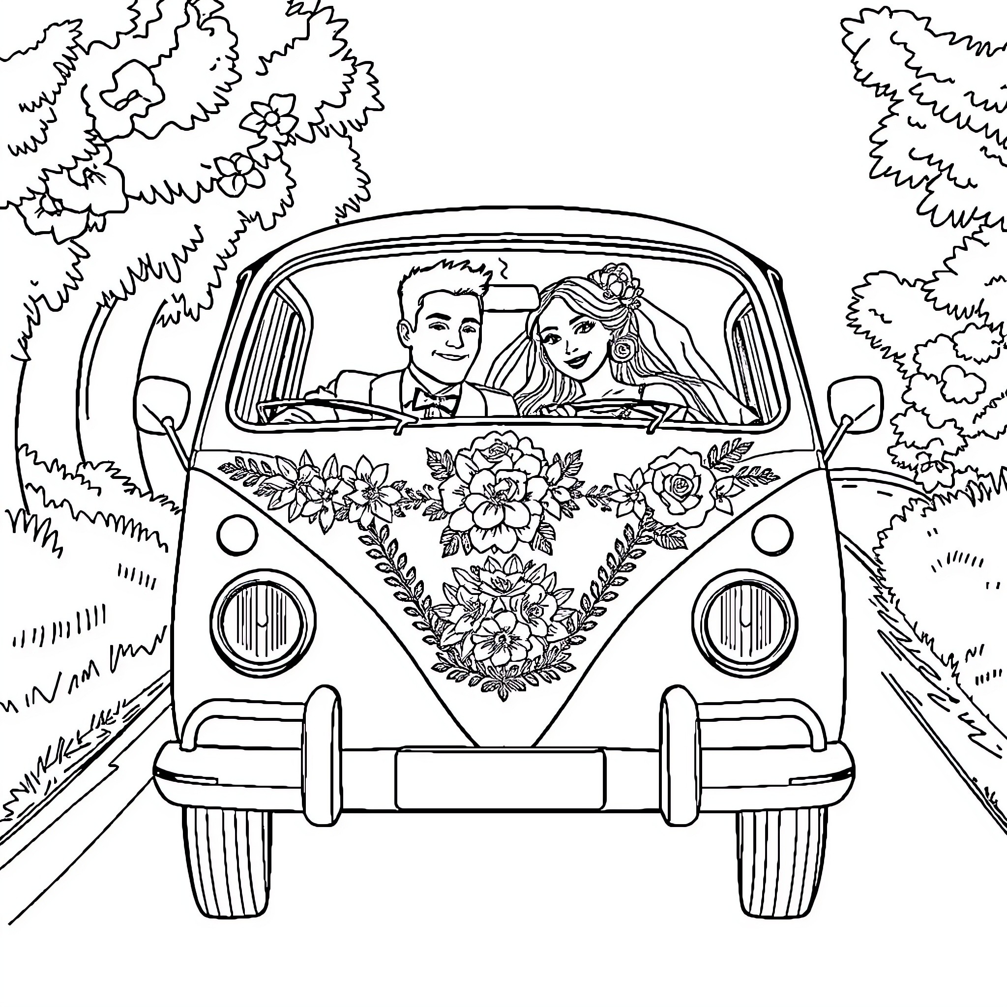 Volkswagen couple driving in floral decorated car Coloring Page (free black-and-white line drawing printable PDF for all, from beginners to advanced learners, including children, teens, adults, and seniors)