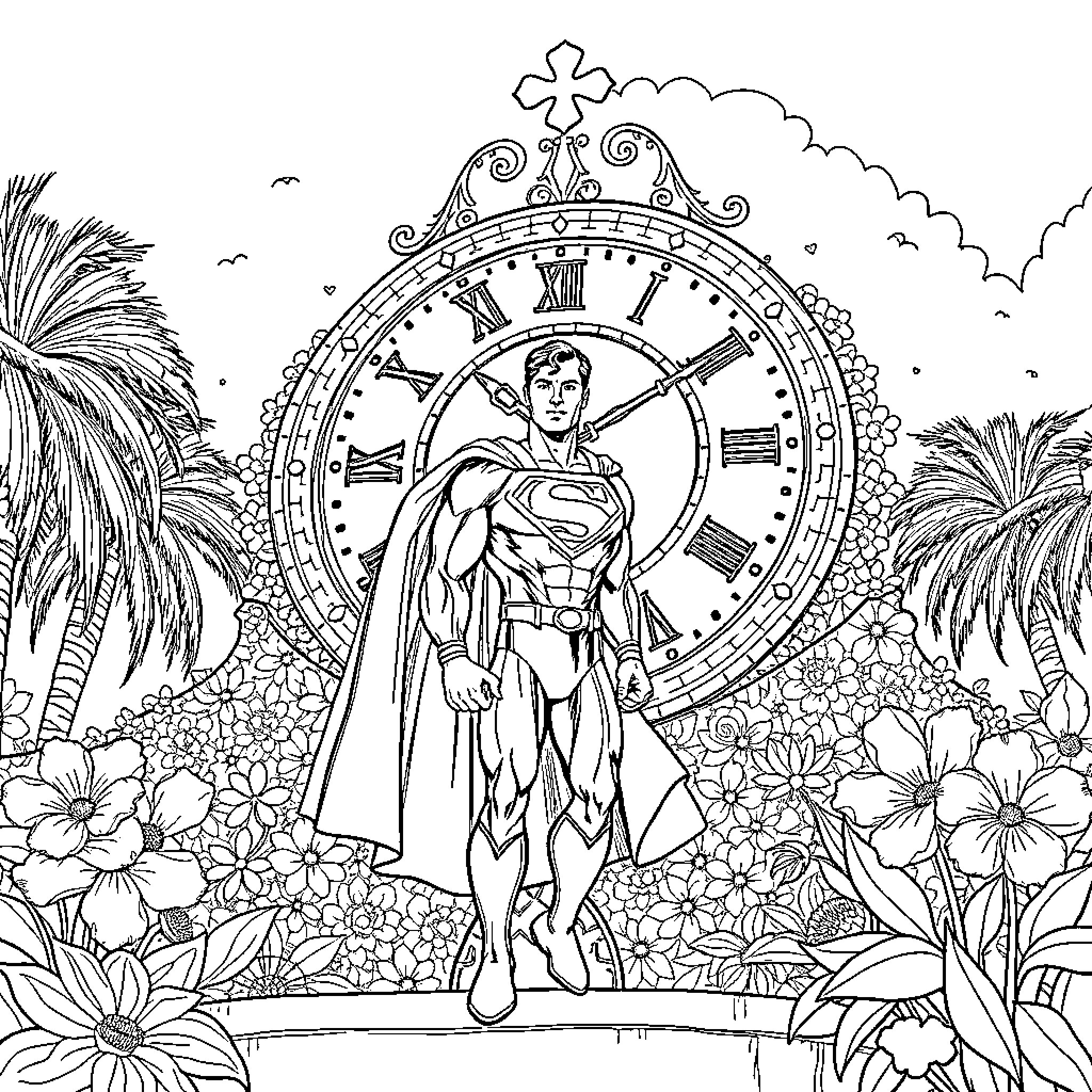 Superman standing heroically in a lush garden with a giant clock Coloring Page (free black-and-white line drawing printable PDF for all, from beginners to advanced learners, including children, teens, adults, and seniors)