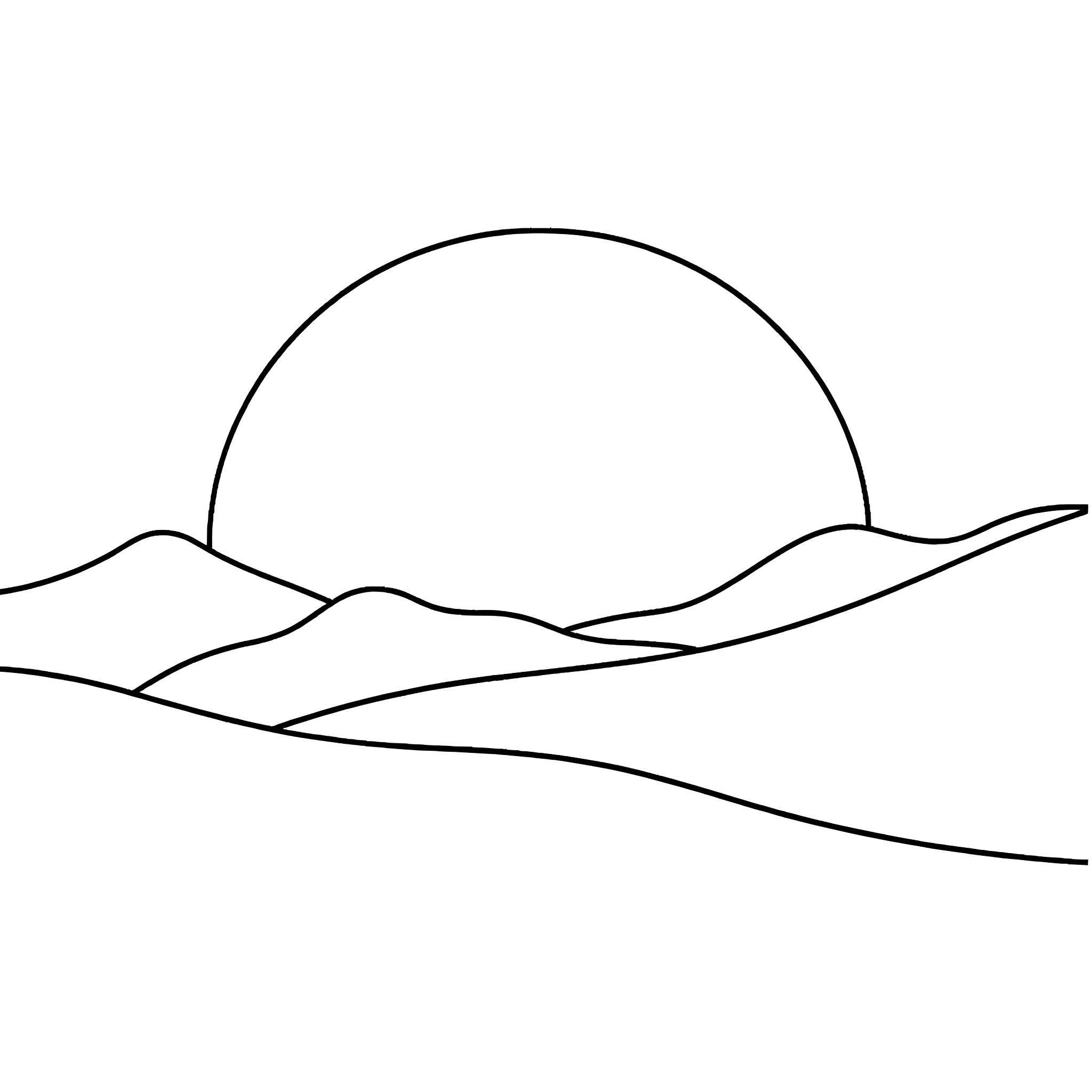 Sunset landscape with minimalist mountains Coloring Page (free black-and-white line drawing printable PDF for all, from beginners to advanced learners, including children, teens, adults, and seniors)