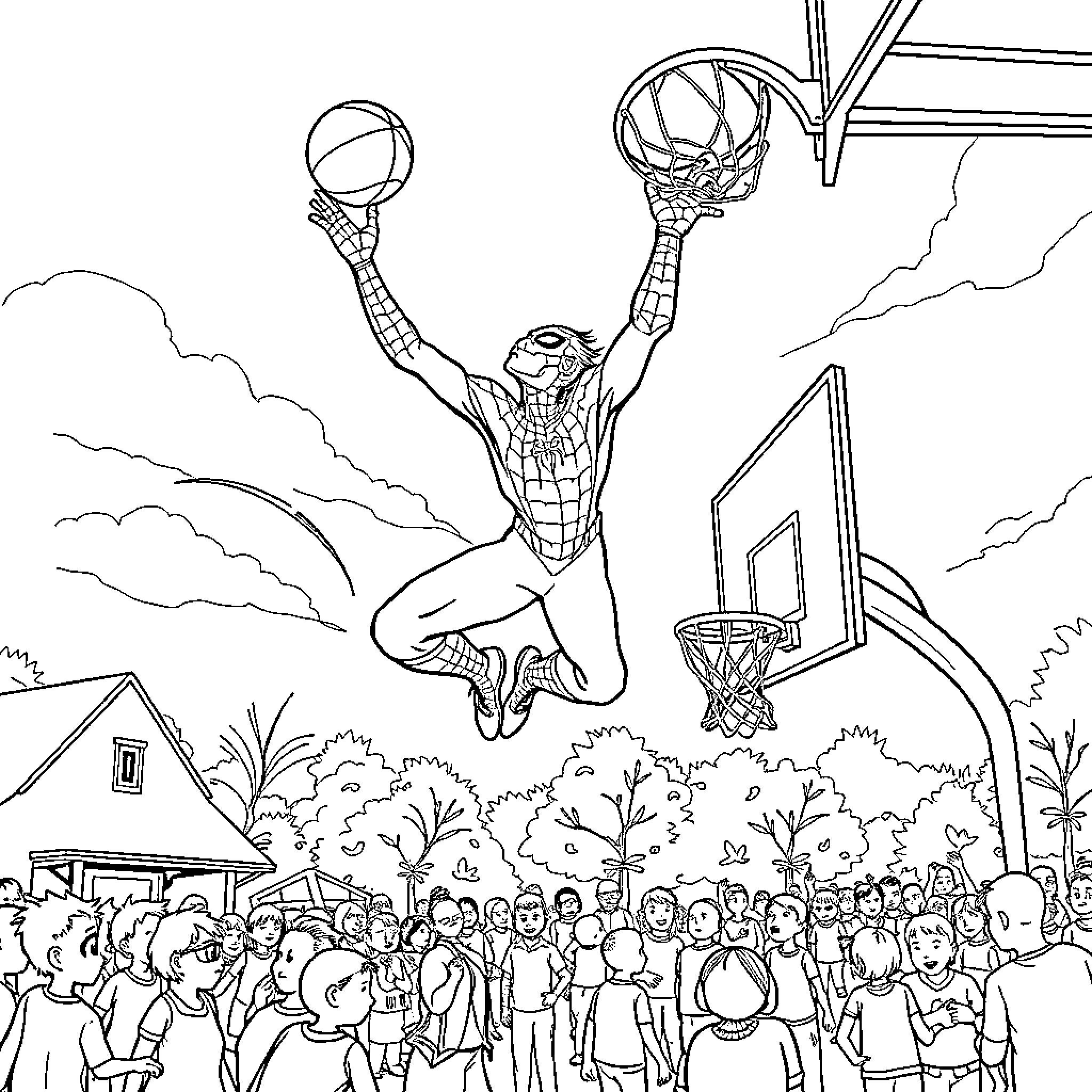 Spiderman dominates the basketball court with crowd Coloring Page (free black-and-white line drawing printable PDF for all, from beginners to advanced learners, including children, teens, adults, and seniors)