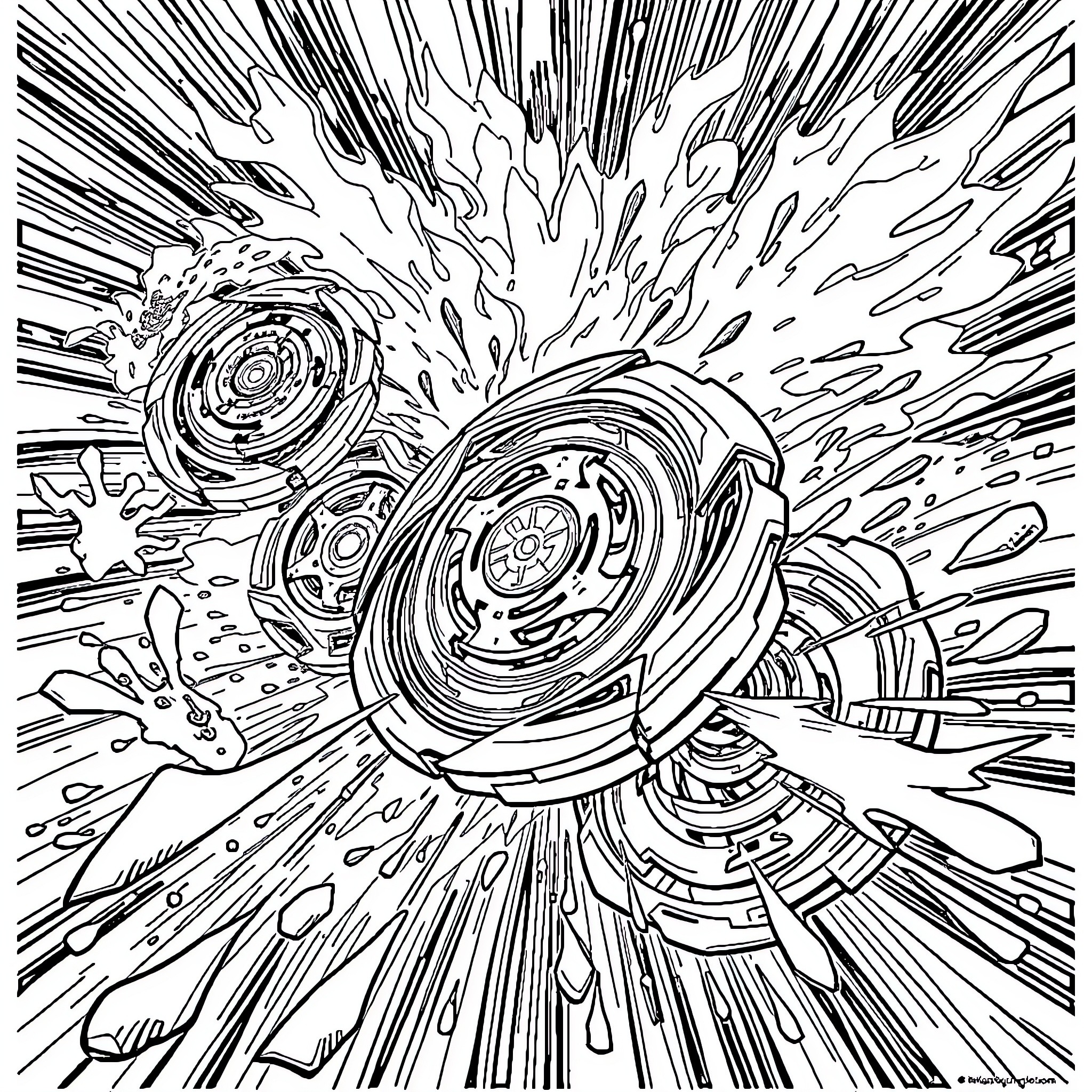 Beyblade Spinning with Explosive Energy Coloring Page (free black-and-white line drawing printable PDF for all, from beginners to advanced learners, including children, teens, adults, and seniors)