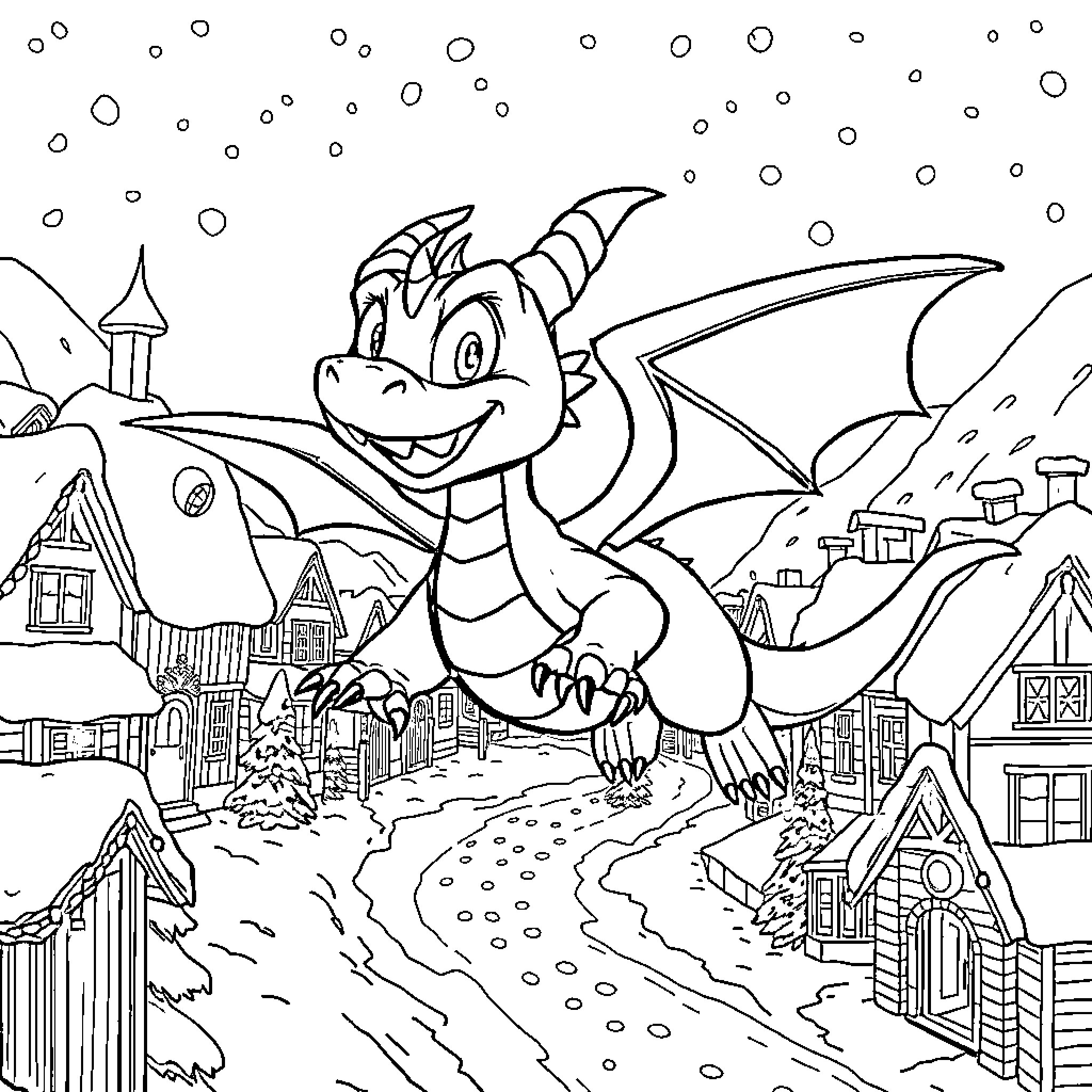 Spyro's Dragon Adventure in the Magical Town Coloring Page (free black-and-white line drawing printable PDF for all, from beginners to advanced learners, including children, teens, adults, and seniors)