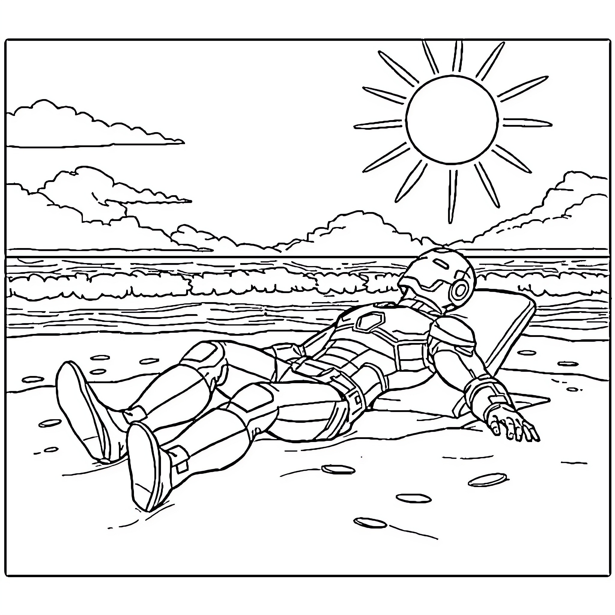 Iron Man relaxing on the beach under the sun Coloring Page (free black-and-white line drawing printable PDF for all, from beginners to advanced learners, including children, teens, adults, and seniors)