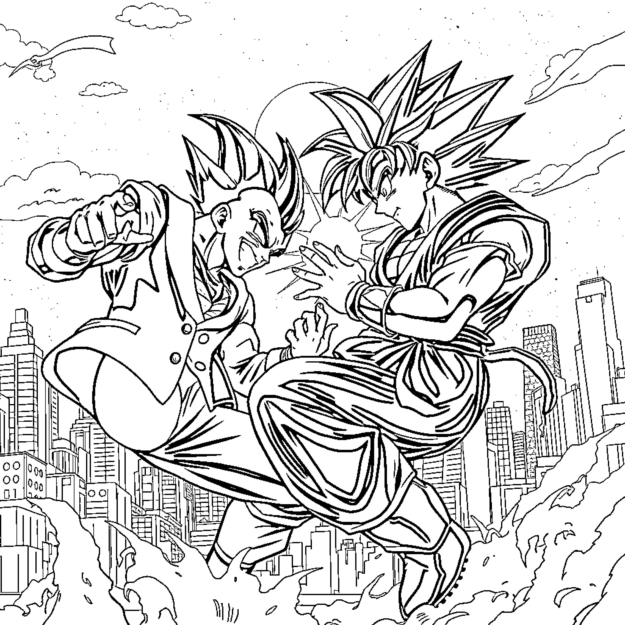 Joker characters fighting in a city setting Coloring Page (free black-and-white line drawing printable PDF for all, from beginners to advanced learners, including children, teens, adults, and seniors)