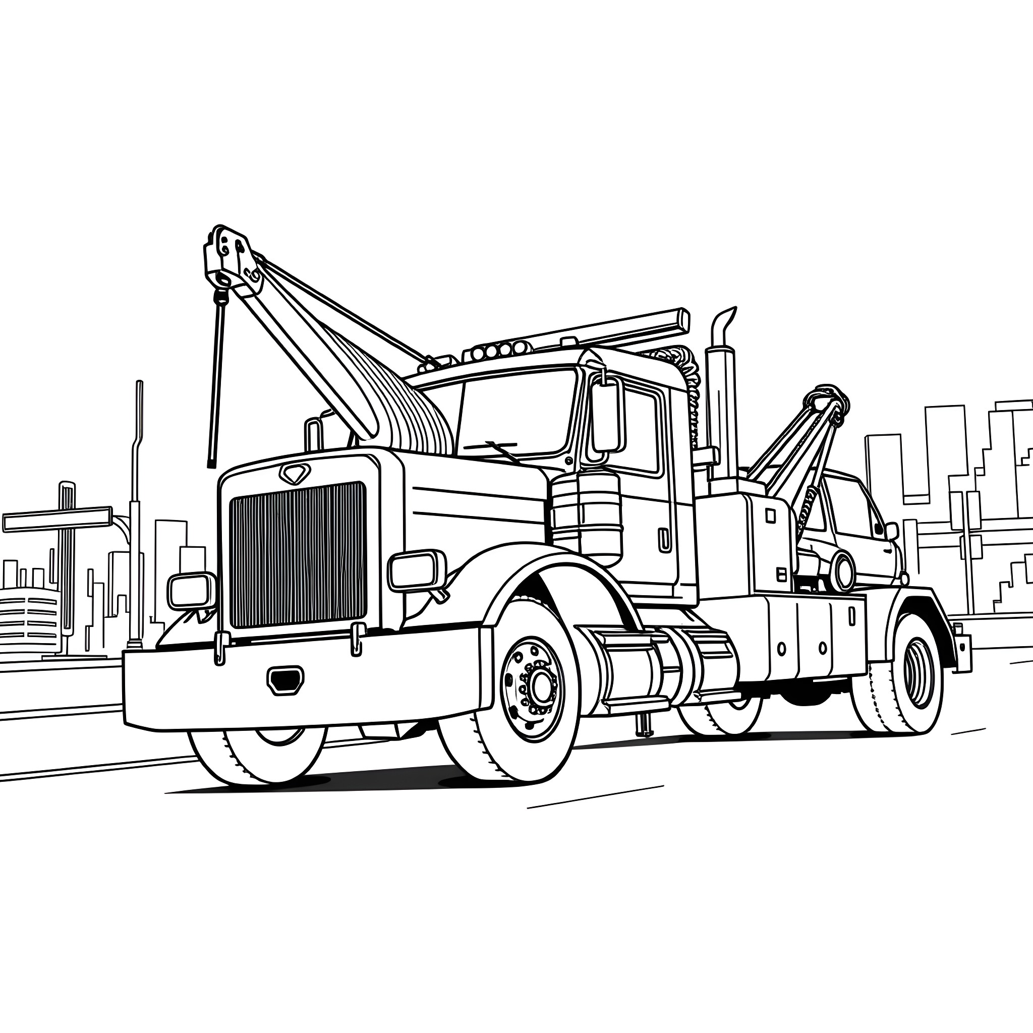 Tow Truck Hauling Vehicle on City Street Coloring Page (free black-and-white line drawing printable PDF for all, from beginners to advanced learners, including children, teens, adults, and seniors)