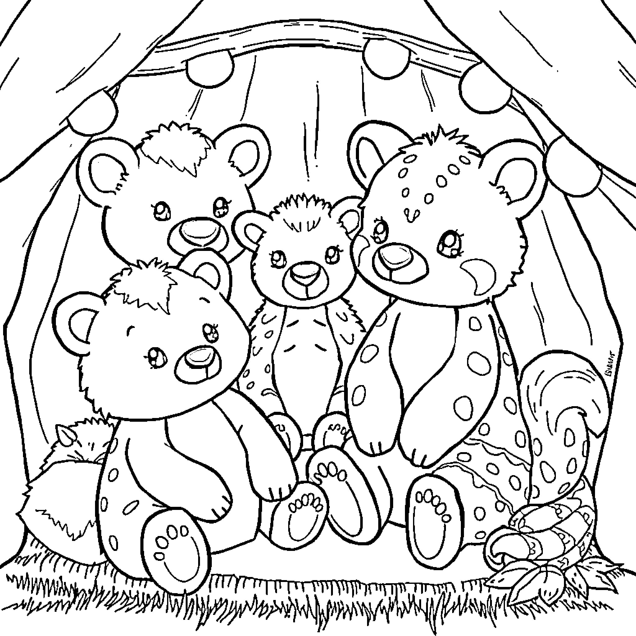 Animal stuffed toys under the canopy Coloring Page (free black-and-white line drawing printable PDF for all, from beginners to advanced learners, including children, teens, adults, and seniors)
