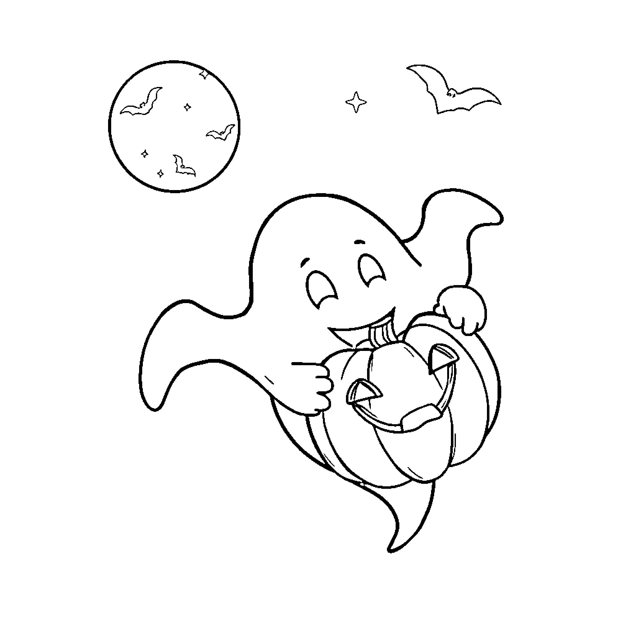 Ghost holding a Halloween pumpkin Coloring Page (free black-and-white line drawing printable PDF for all, from beginners to advanced learners, including children, teens, adults, and seniors)