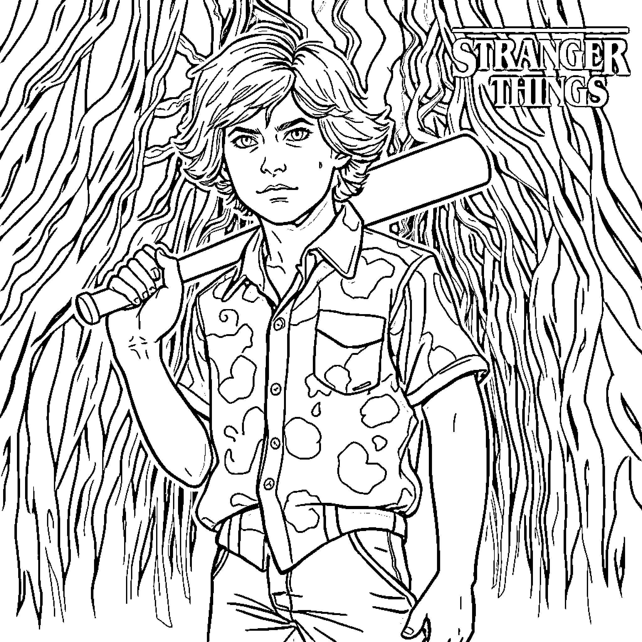 Steve's Stranger Encounter in the Forest Coloring Page (free black-and-white line drawing printable PDF for all, from beginners to advanced learners, including children, teens, adults, and seniors)