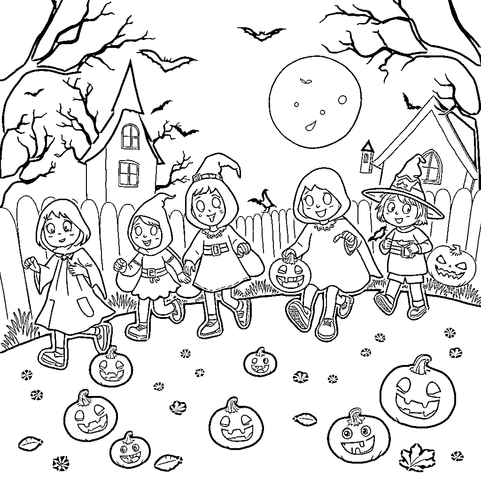 Halloween children trick-or-treating in a spooky neighborhood Coloring Page (free black-and-white line drawing printable PDF for all, from beginners to advanced learners, including children, teens, adults, and seniors)