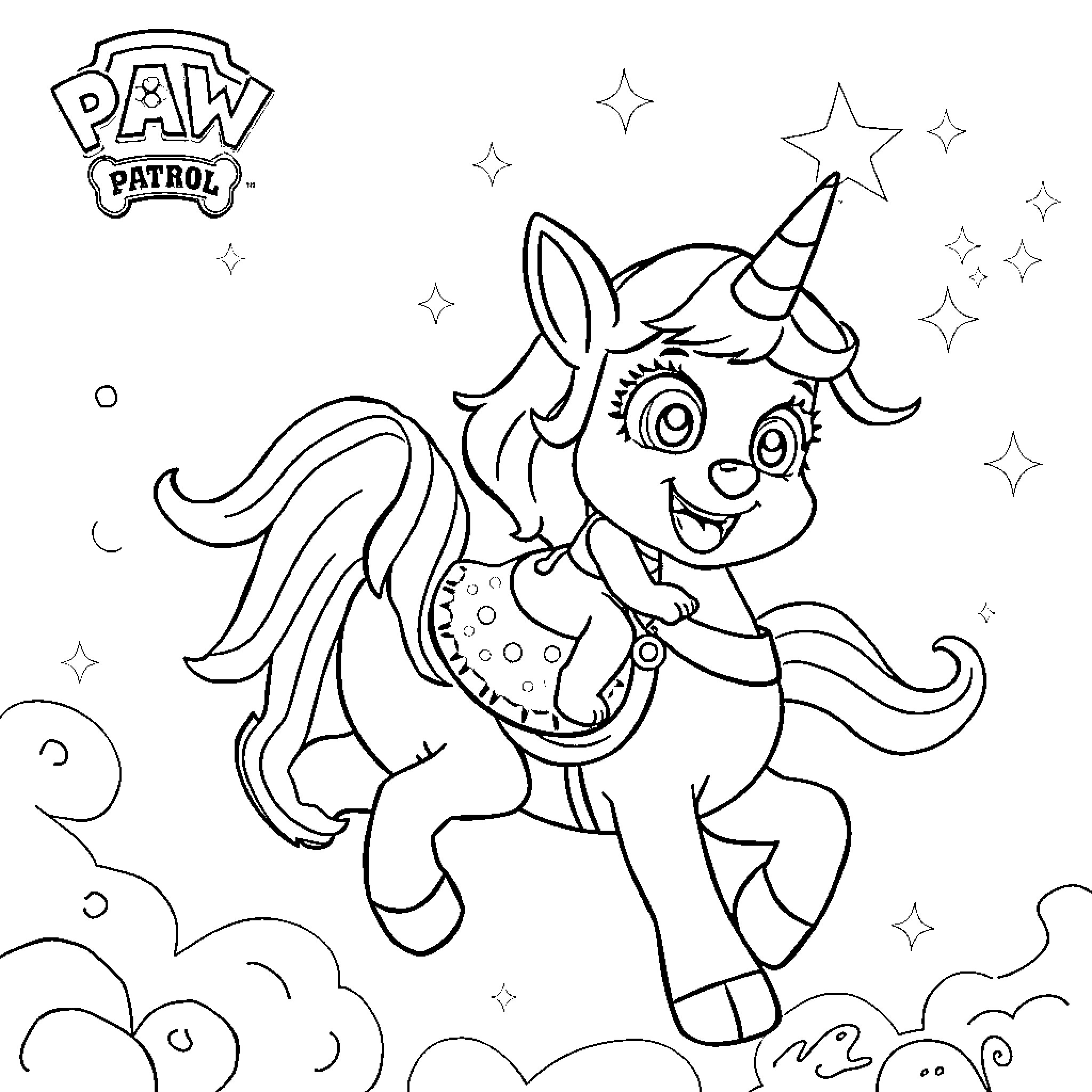 Skye's magical unicorn adventure Coloring Page (free black-and-white line drawing printable PDF for all, from beginners to advanced learners, including children, teens, adults, and seniors)