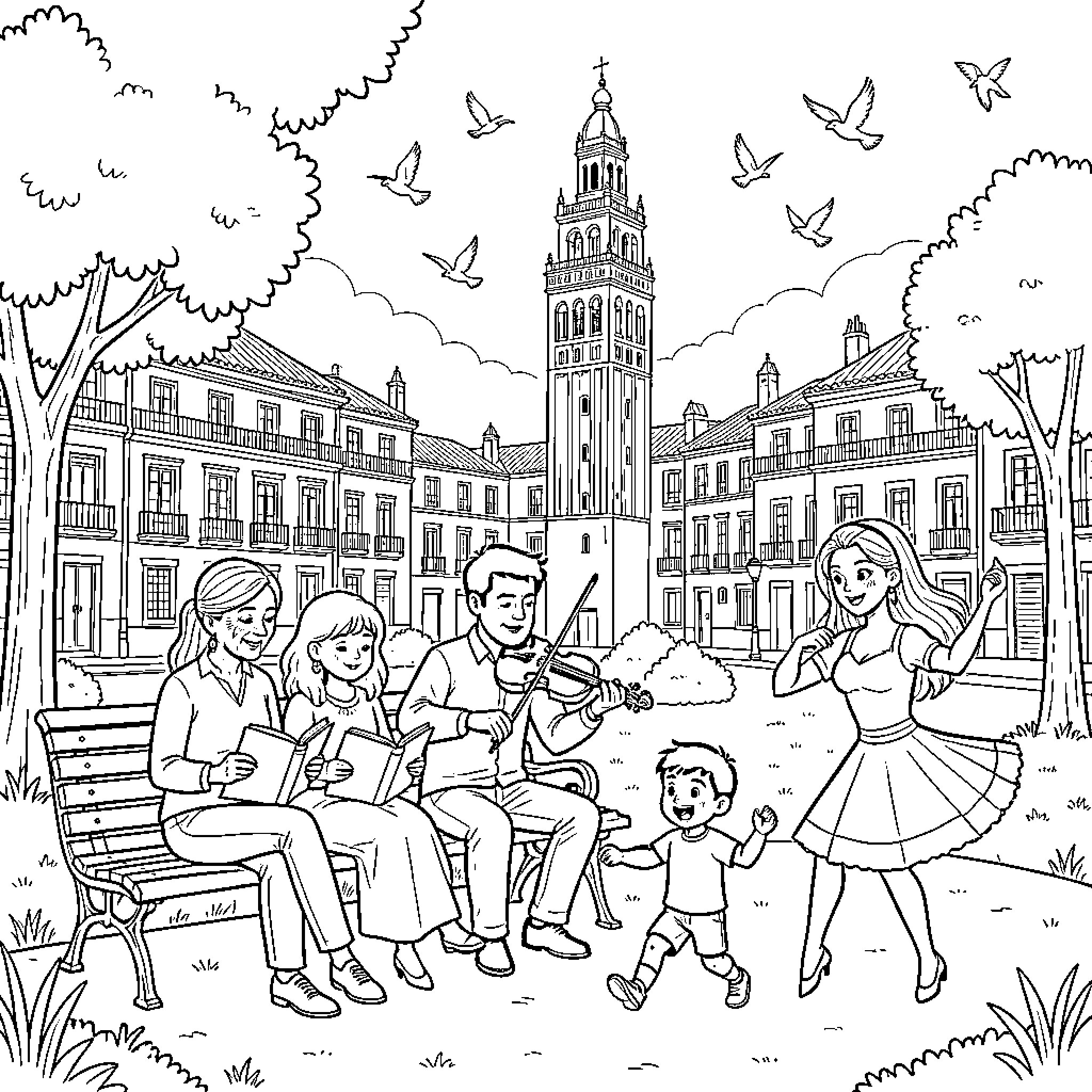 Family enjoying music and dancing in a town square Coloring Page (free black-and-white line drawing printable PDF for all, from beginners to advanced learners, including children, teens, adults, and seniors)