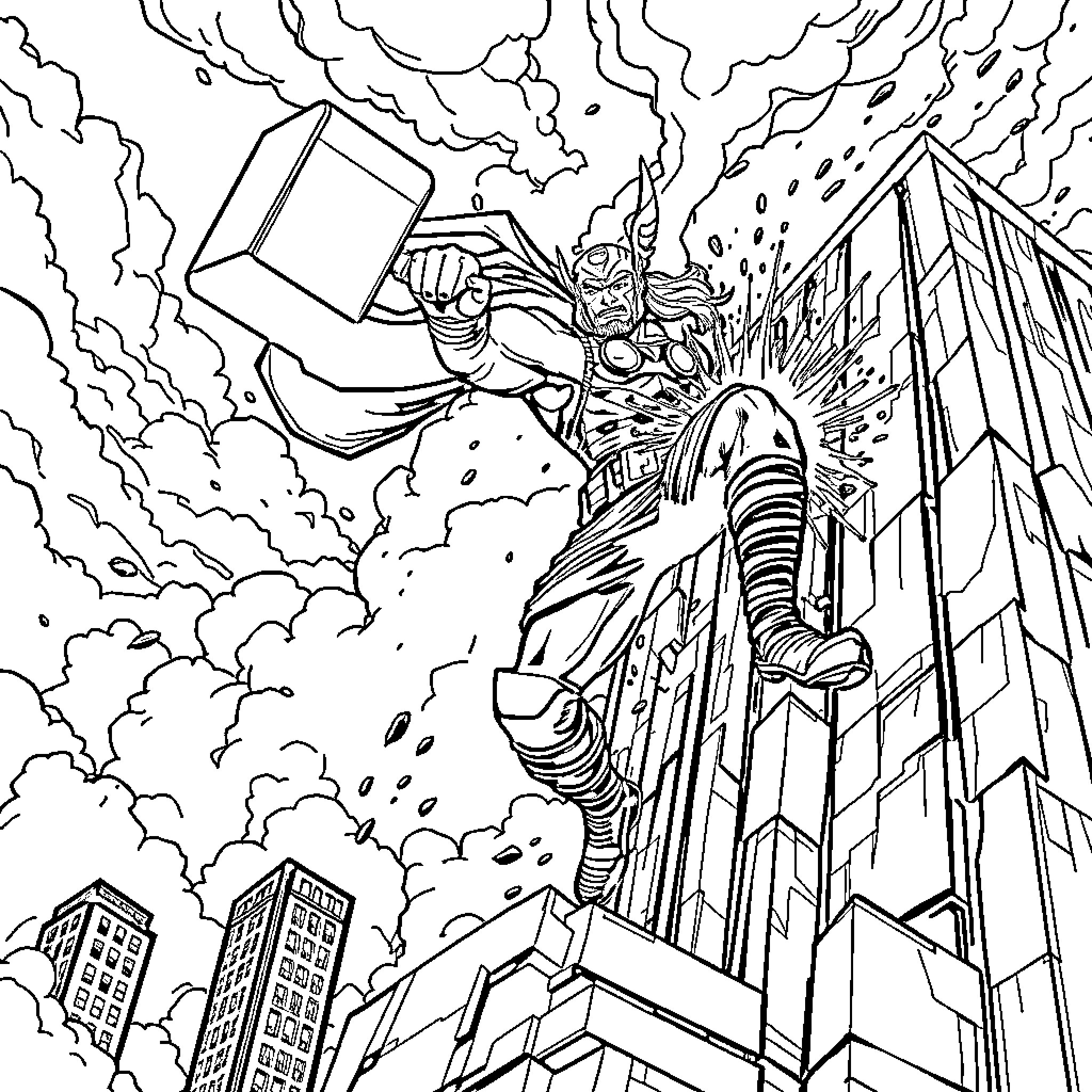 Thor Battling Enemies with Mighty Hammer in City Coloring Page (free black-and-white line drawing printable PDF for all, from beginners to advanced learners, including children, teens, adults, and seniors)