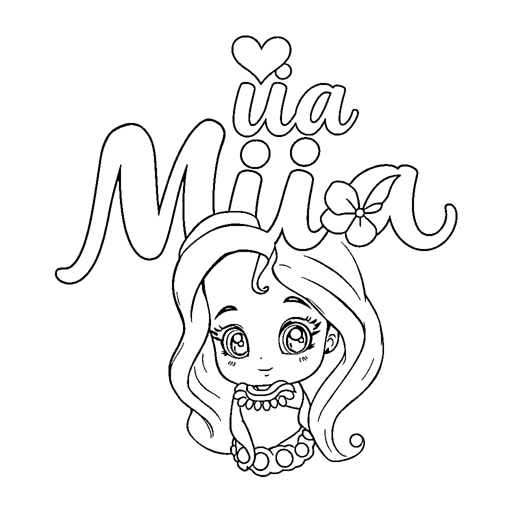 Mia's charming expression and adorable outfit Coloring Page (free black-and-white line drawing printable PDF for all, from beginners to advanced learners, including children, teens, adults, and seniors)