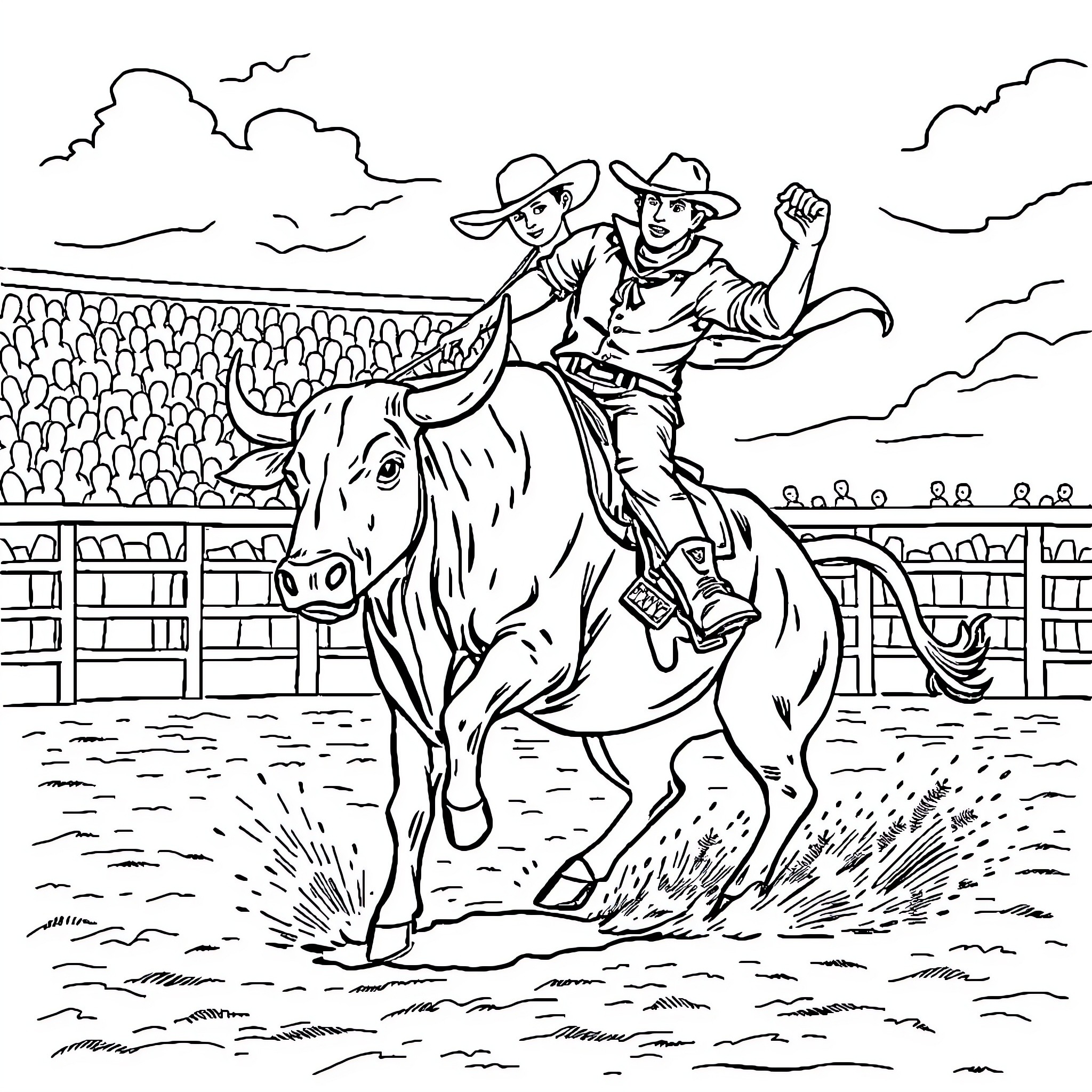 Bull Riders Competing in a Rodeo Event Coloring Page (free black-and-white line drawing printable PDF for all, from beginners to advanced learners, including children, teens, adults, and seniors)