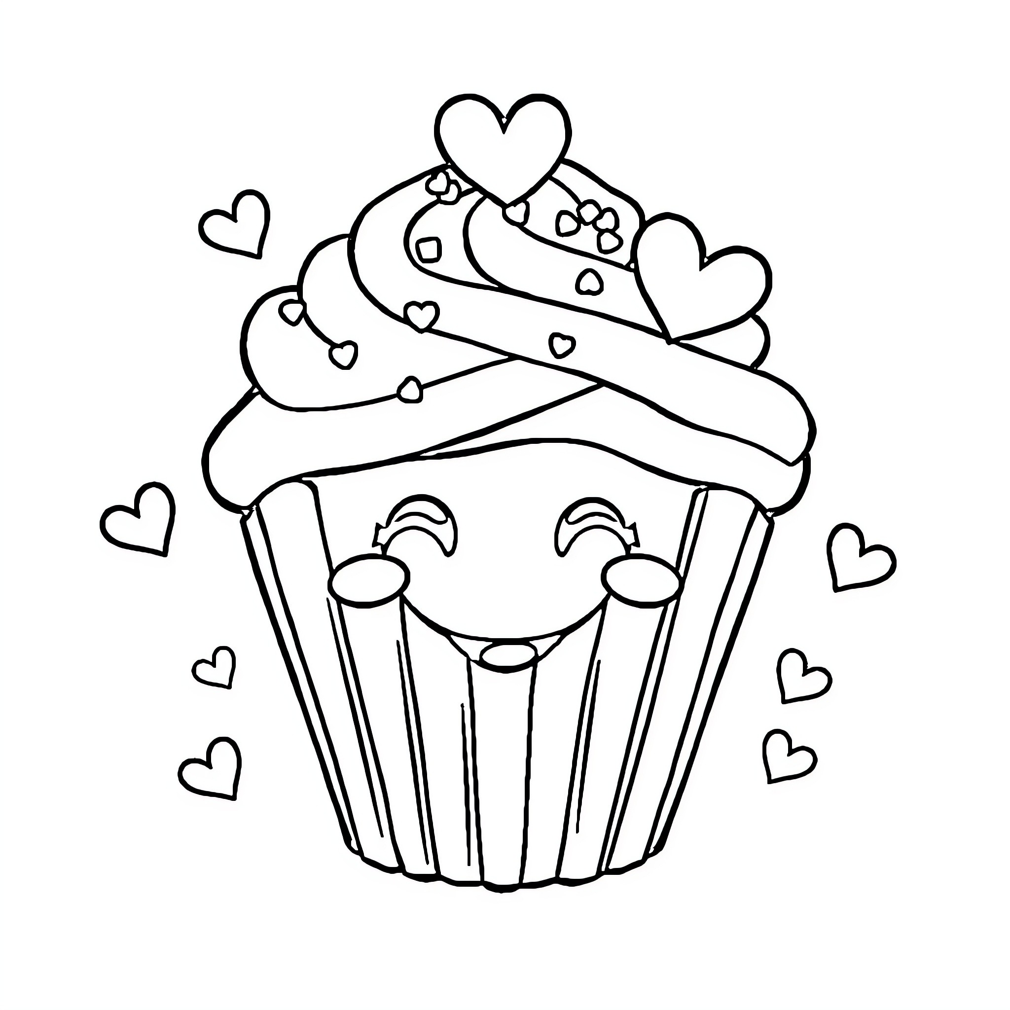 Cupcake with happy expression and heart decorations Coloring Page (free black-and-white line drawing printable PDF for all, from beginners to advanced learners, including children, teens, adults, and seniors)
