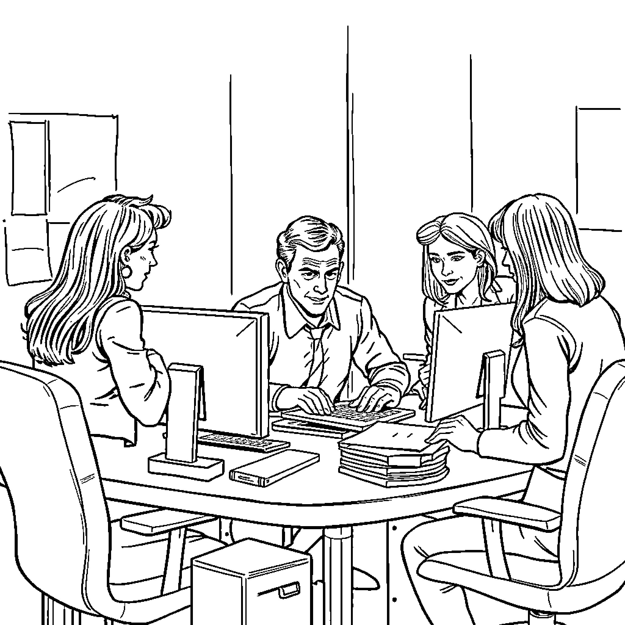 Coworkers collaborating at office desk Coloring Page (free black-and-white line drawing printable PDF for all, from beginners to advanced learners, including children, teens, adults, and seniors)