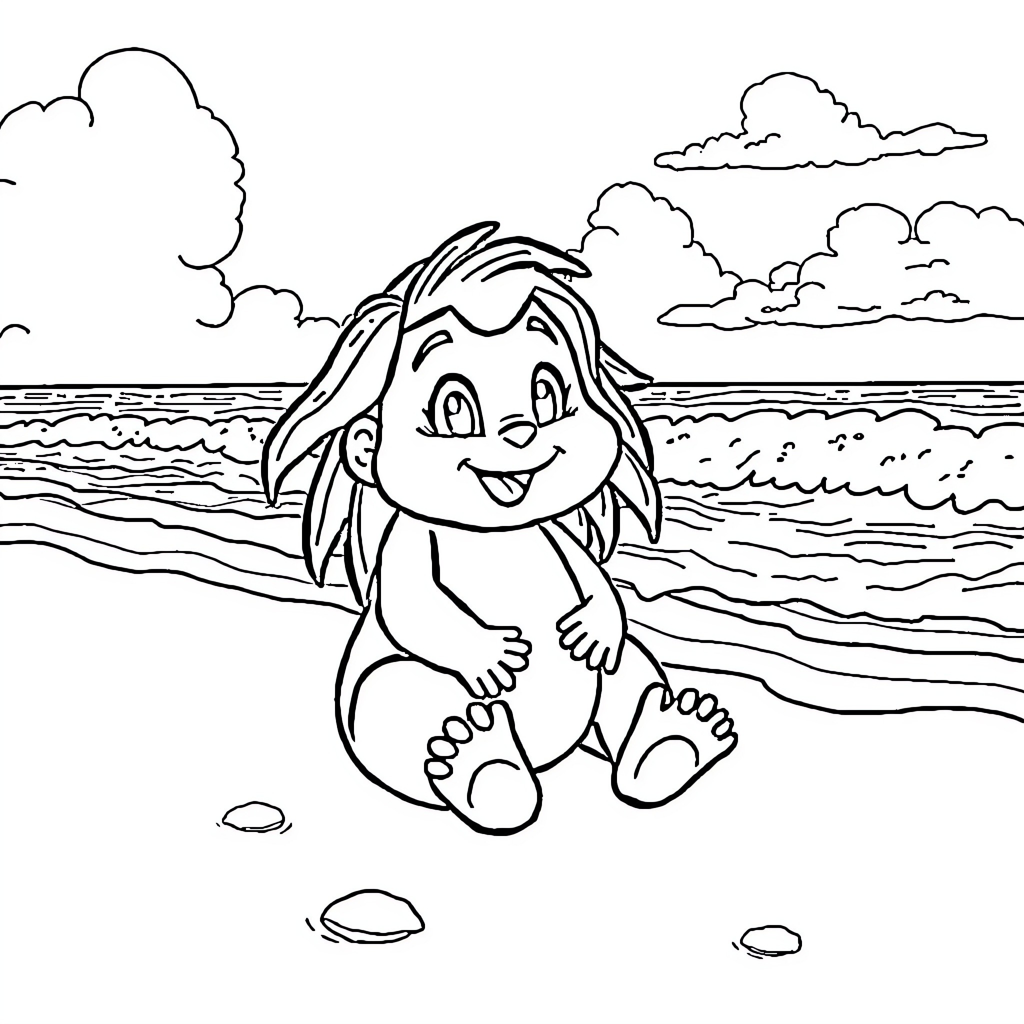 Lilo enjoying a day at the beach Coloring Page (free black-and-white line drawing printable PDF for all, from beginners to advanced learners, including children, teens, adults, and seniors)