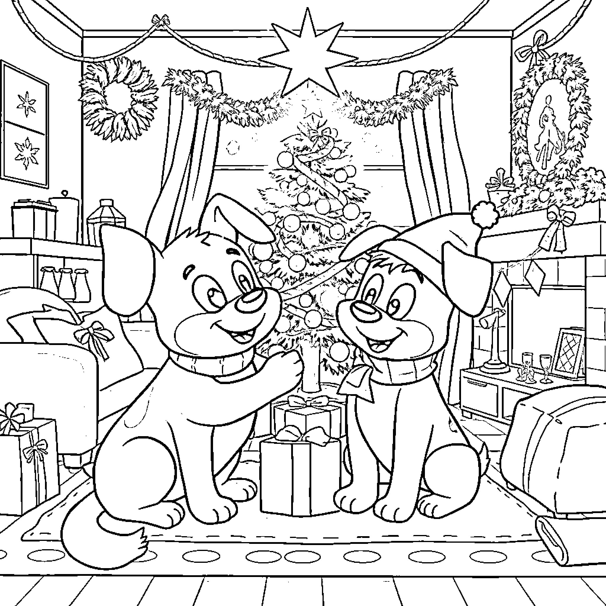 Bluey and Bingo Celebrate Christmas with Decorations Coloring Page (free black-and-white line drawing printable PDF for all, from beginners to advanced learners, including children, teens, adults, and seniors)